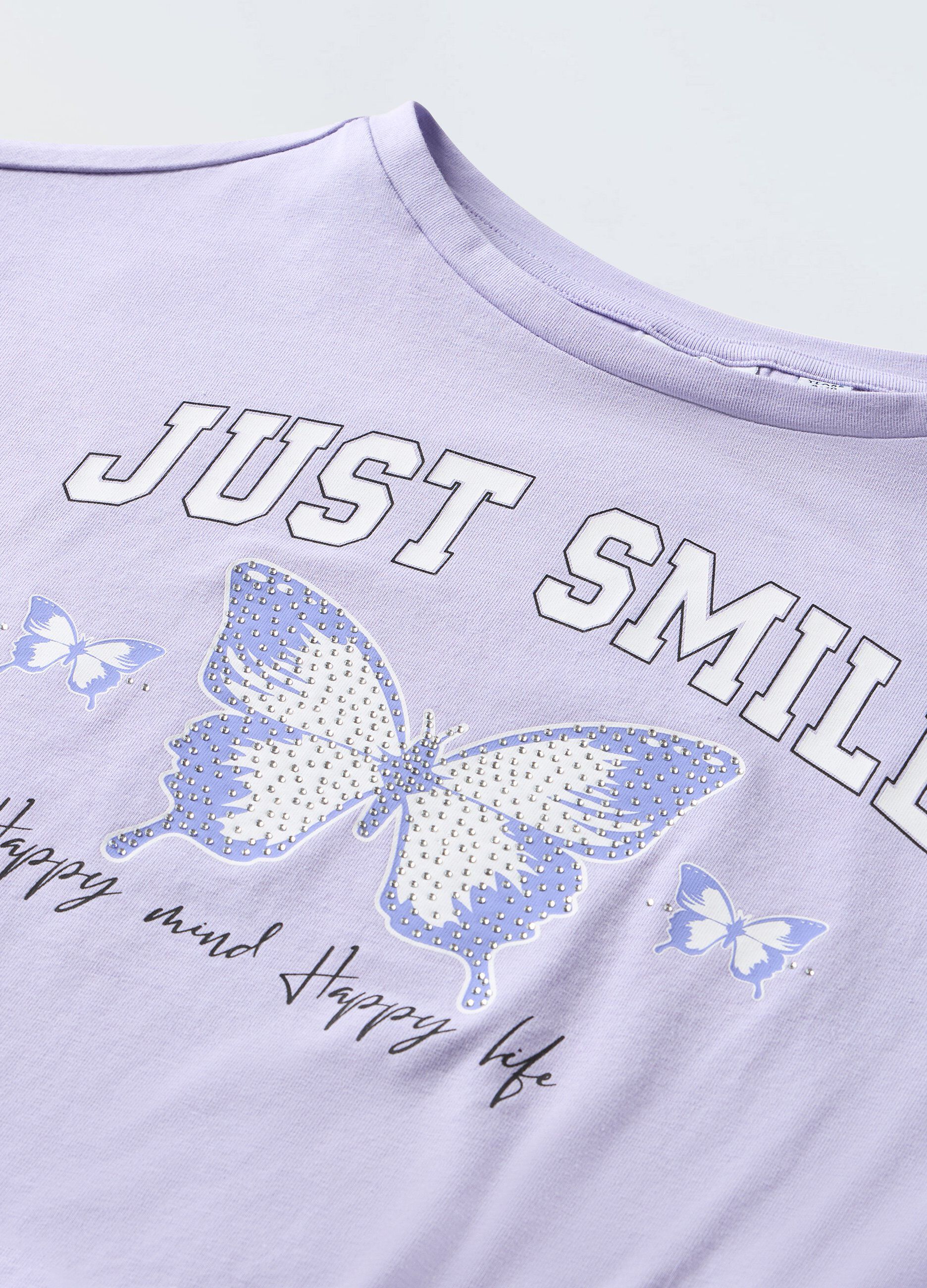T-shirt in puro cotone con strass e nodo ragazza_1
