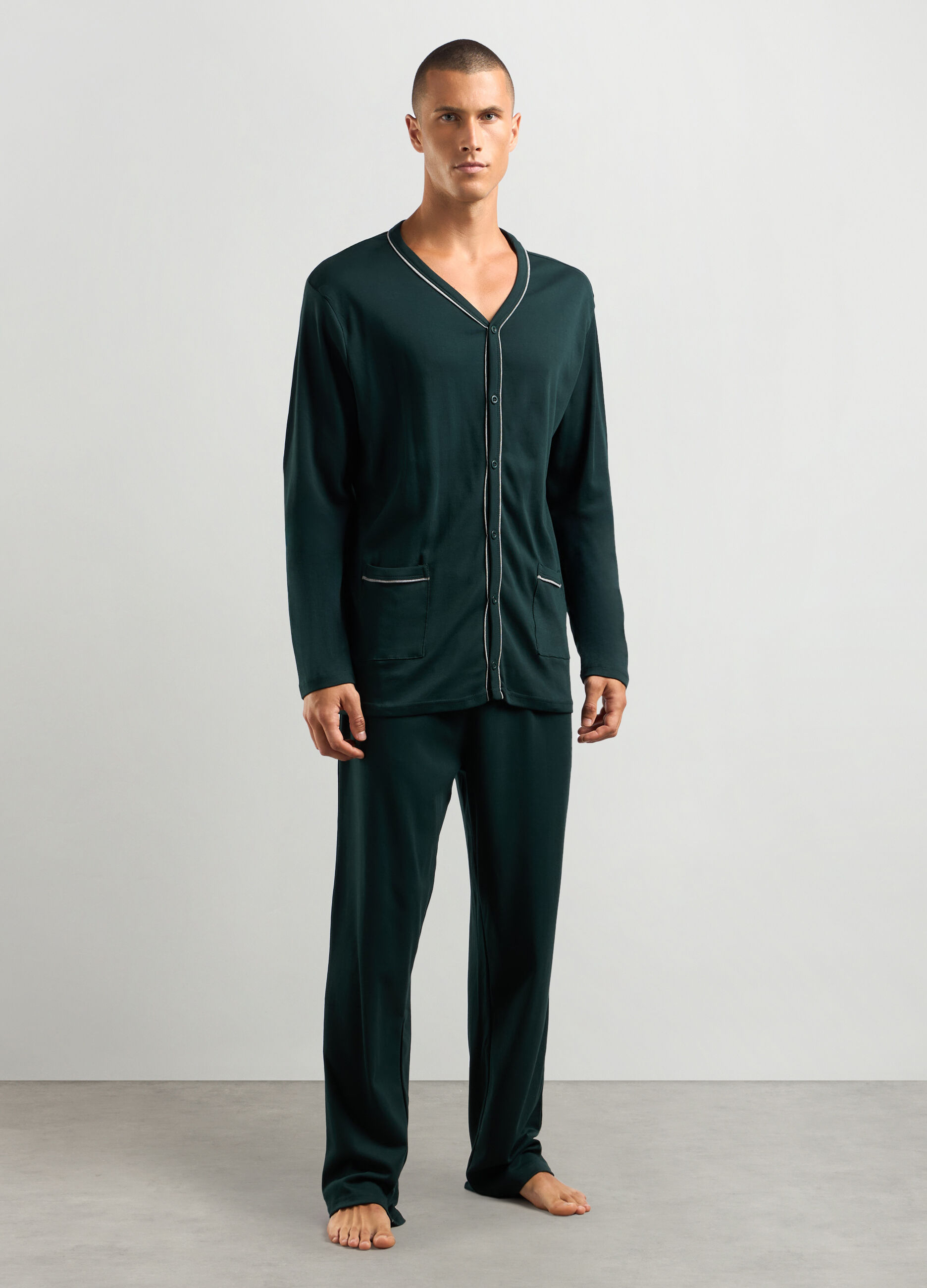 Set pigiama lungo scollo a V in interlock di puro cotone uomo_0