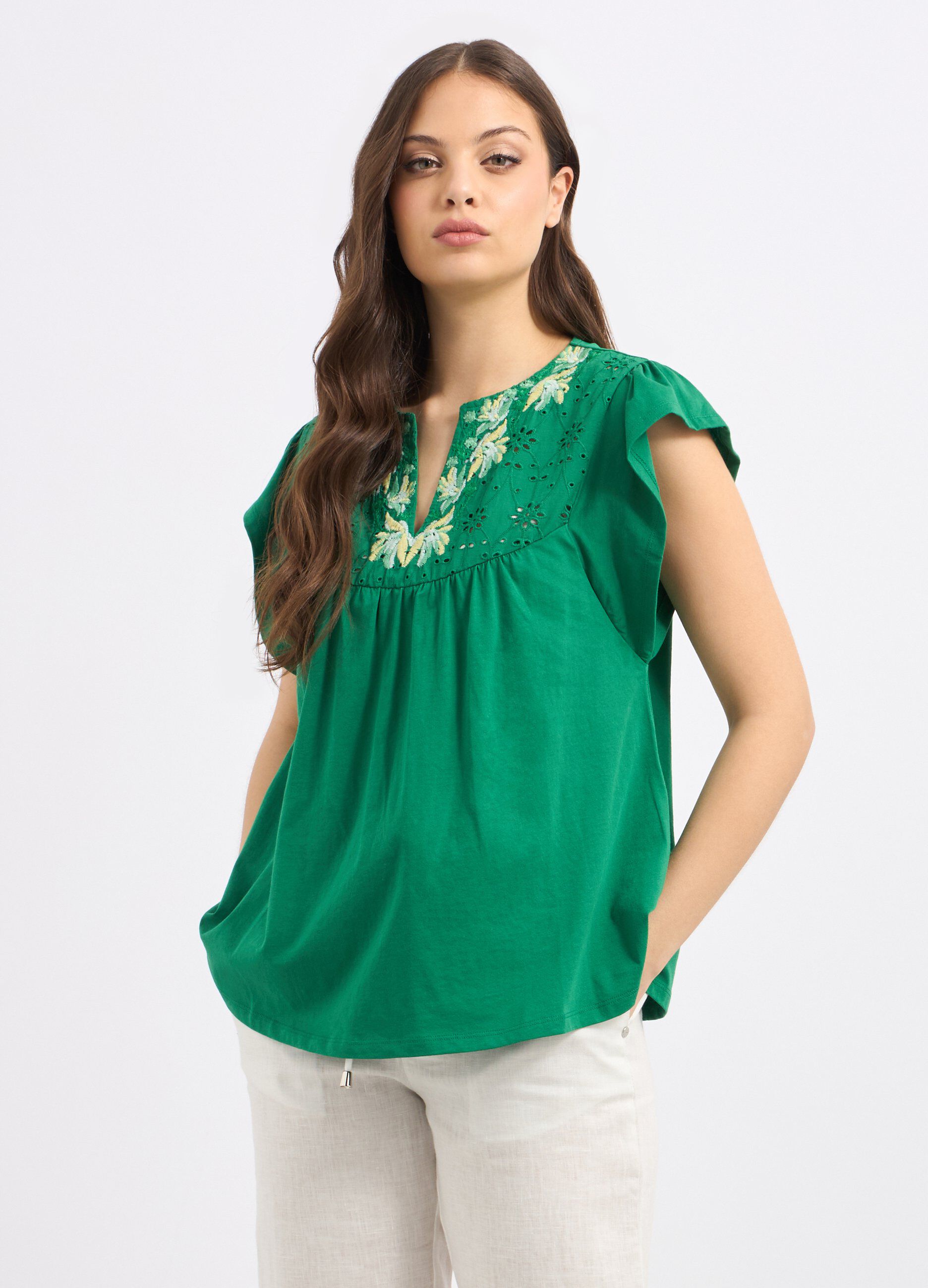 T-shirt in puro cotone con inserto in sangallo donna_0
