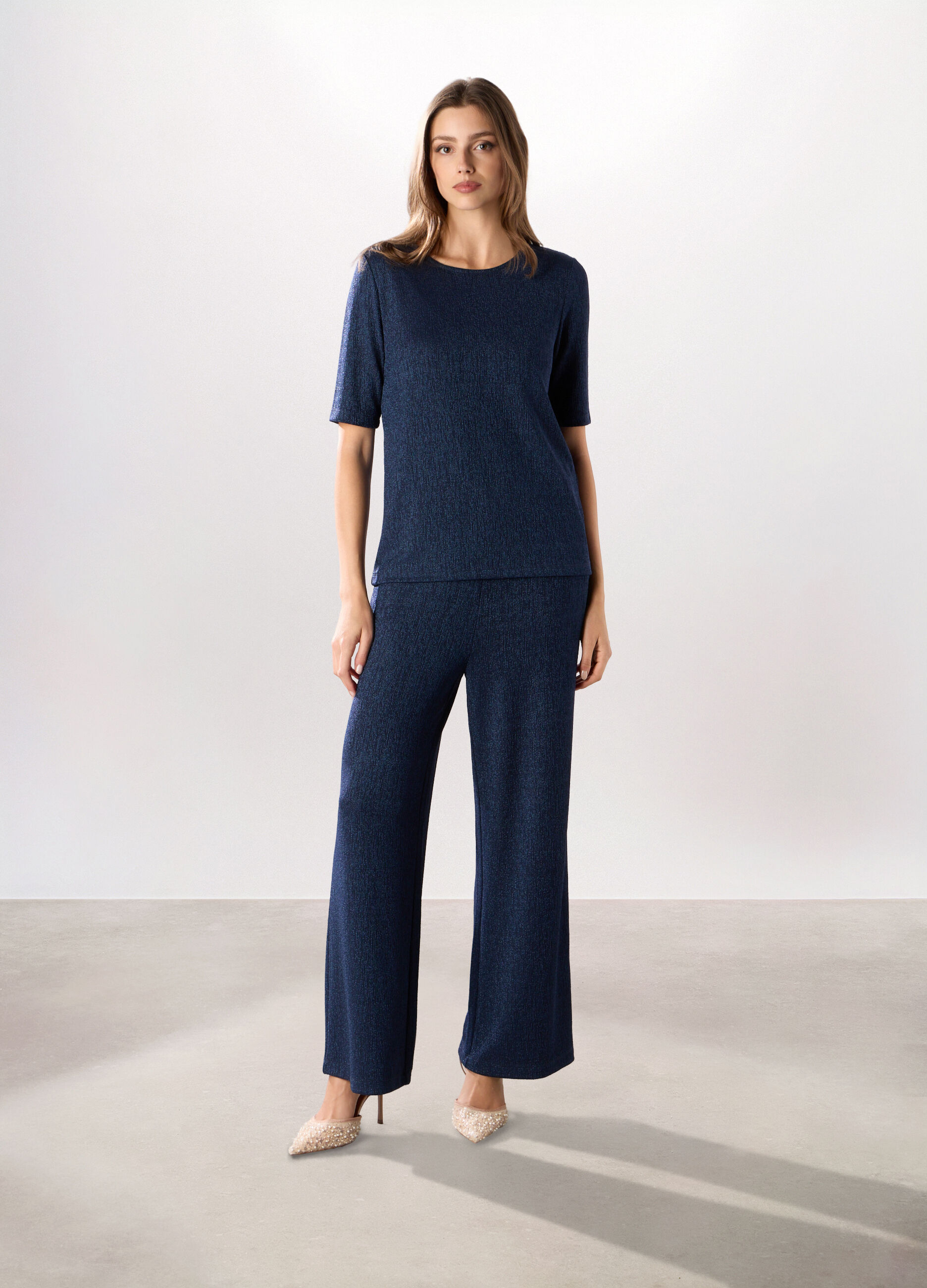 Pantalone palazzo in crinkle e di filo lurex donna_0