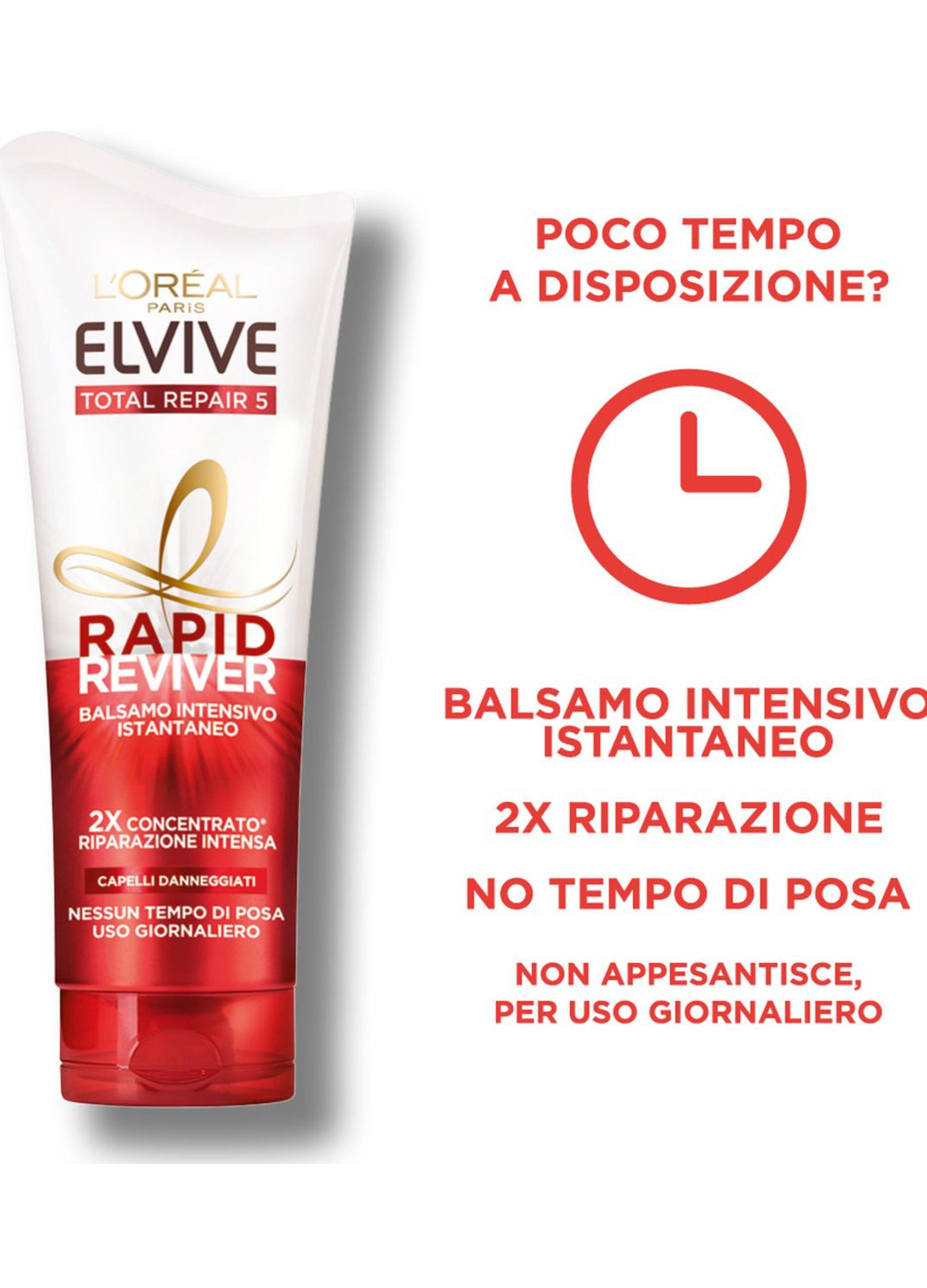L'Oréal Paris Balsamo Istantaneo Rapid Reviver Elvive Total Repair 5, Arricchito con Amminoacido e Vitamina E, per Capelli Danneggiati, 180 ml.