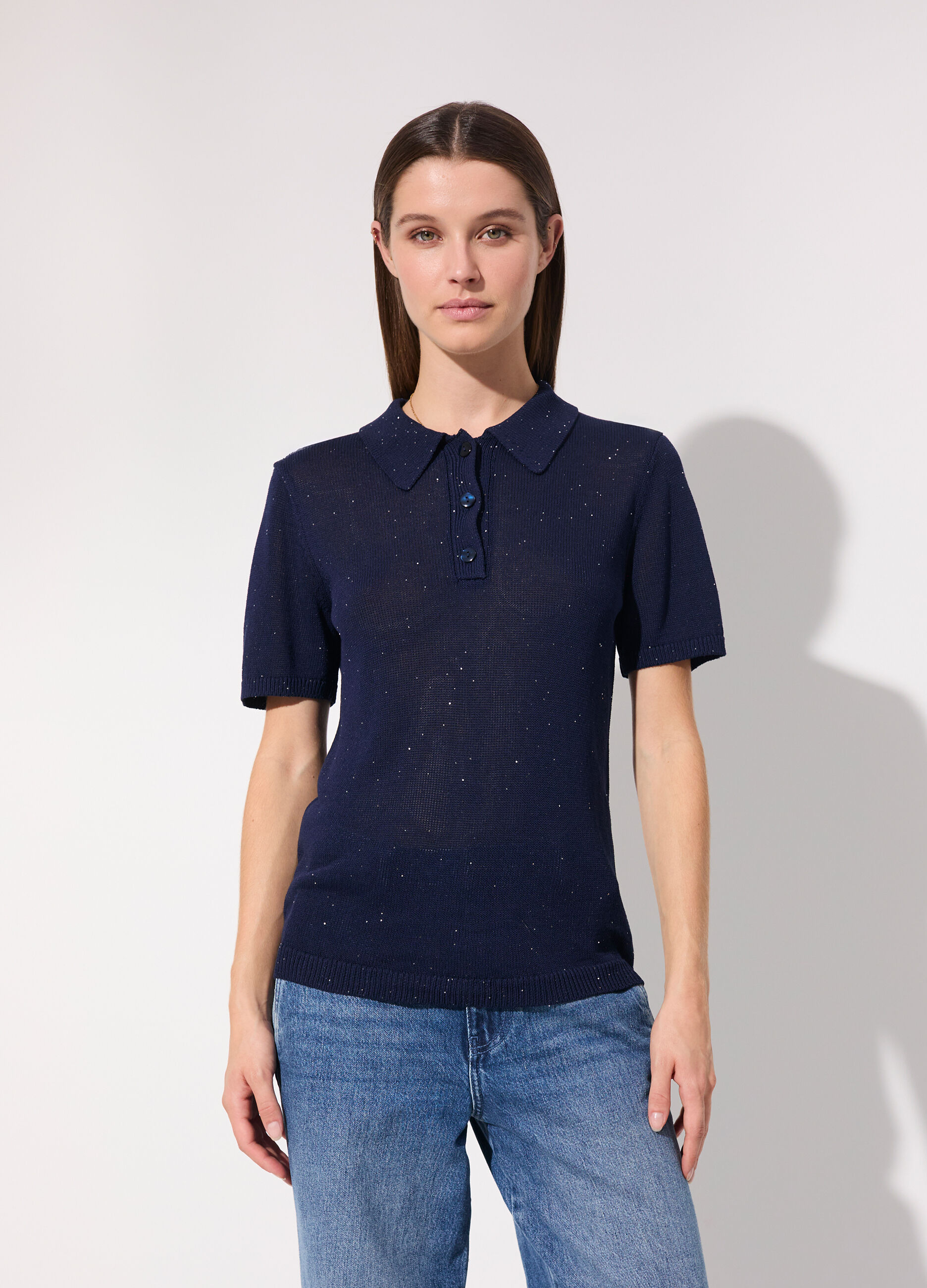 Polo in tricot a maniche corte con paillettes donna_1