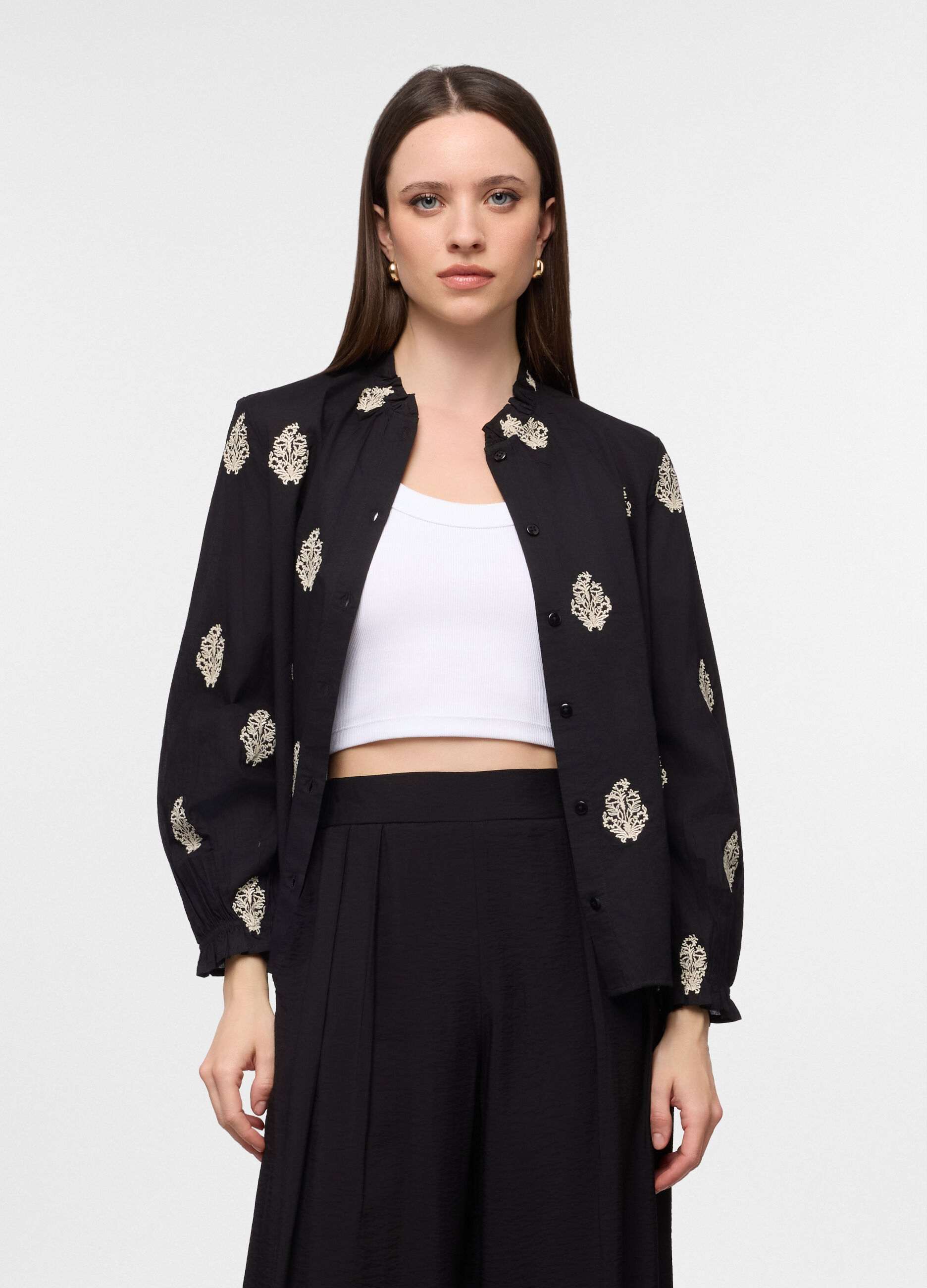 Camicia fit regular con collo rotondo in puro cotone donna_0