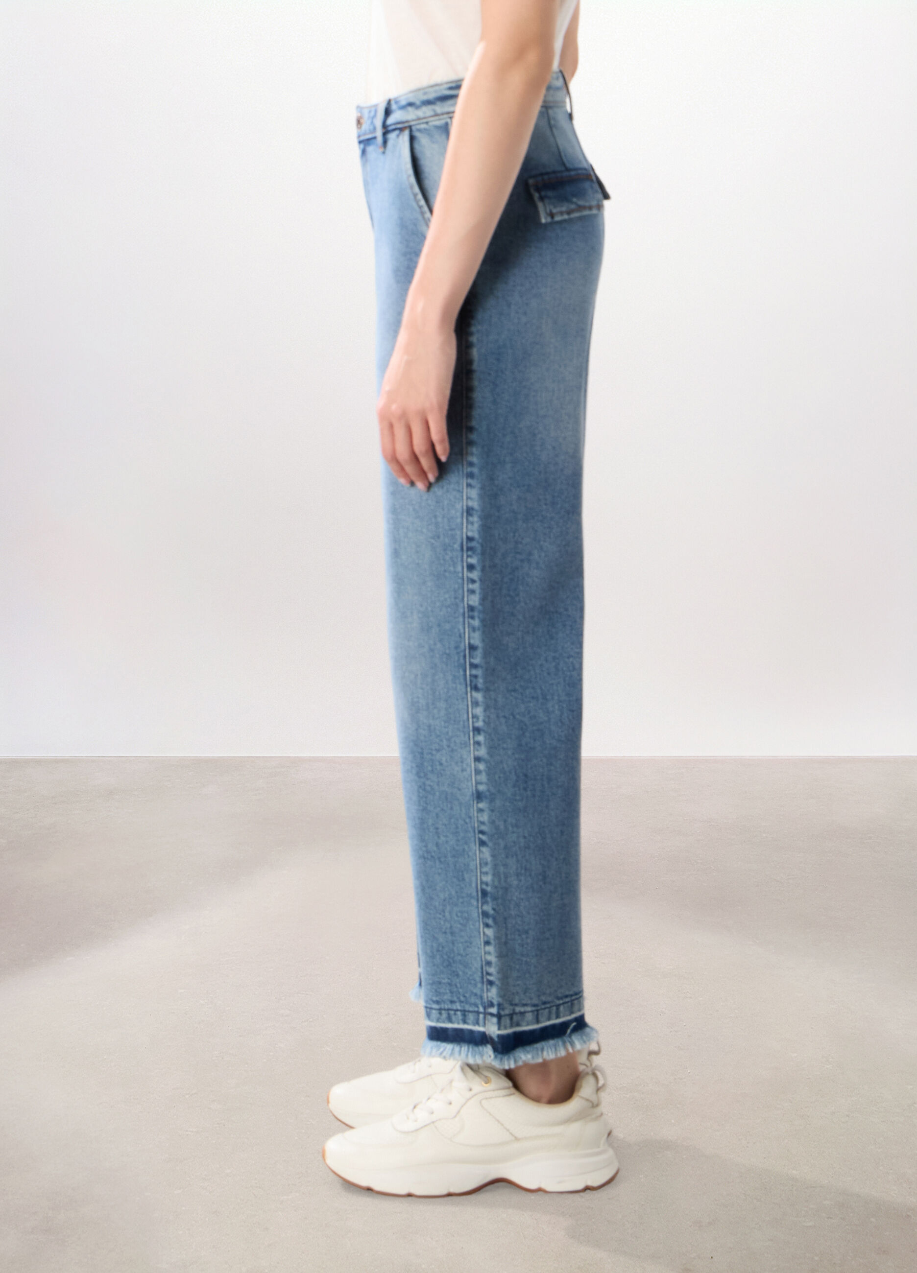 Pantaloni wide leg in denim di puro cotone donna_3