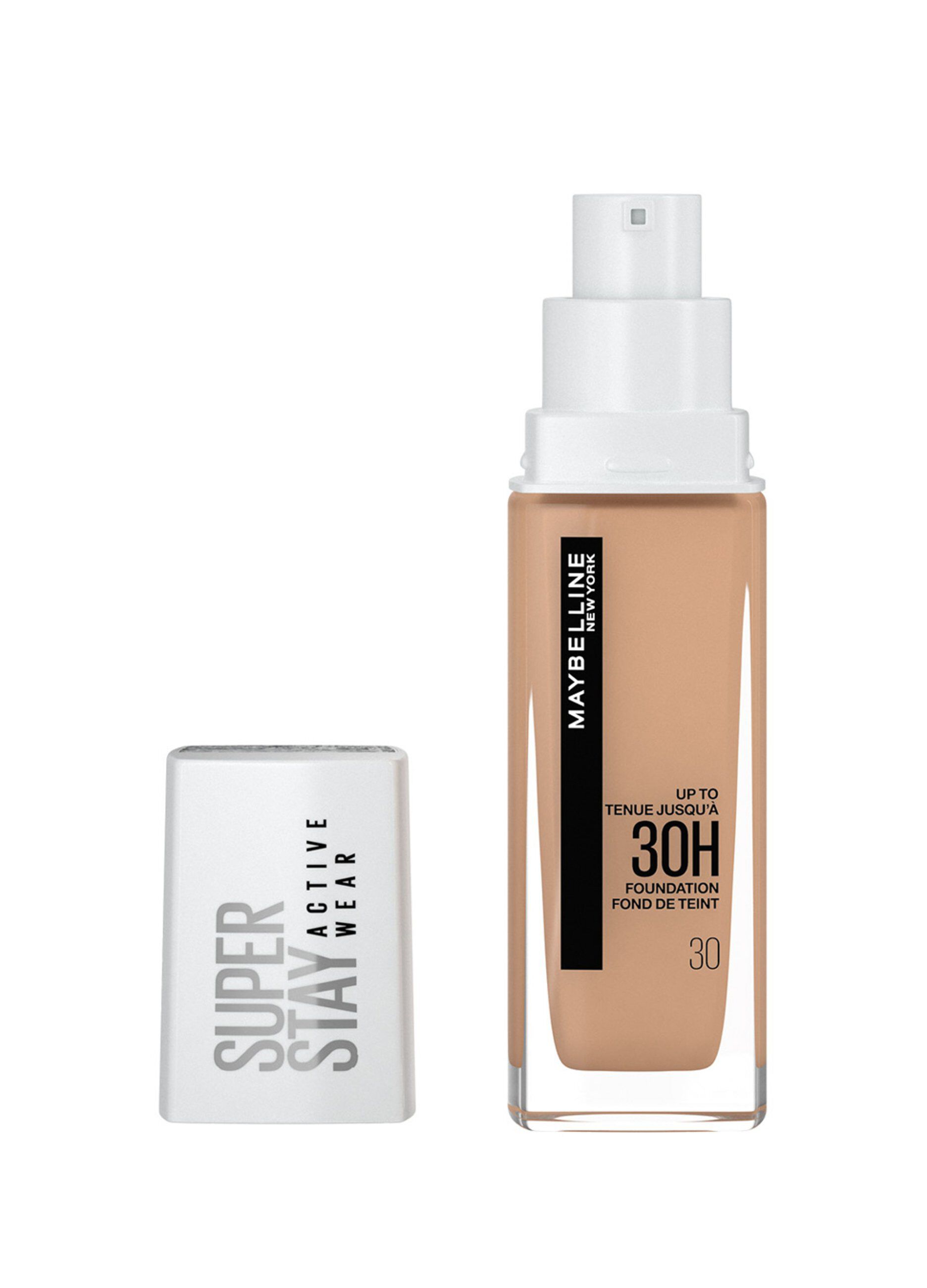 Maybelline New York Fondotinta Liquido SuperStay 30H Active Wear, Alta coprenza e lunghissima tenuta senza effetto maschera, Sand (30), 30 ml.