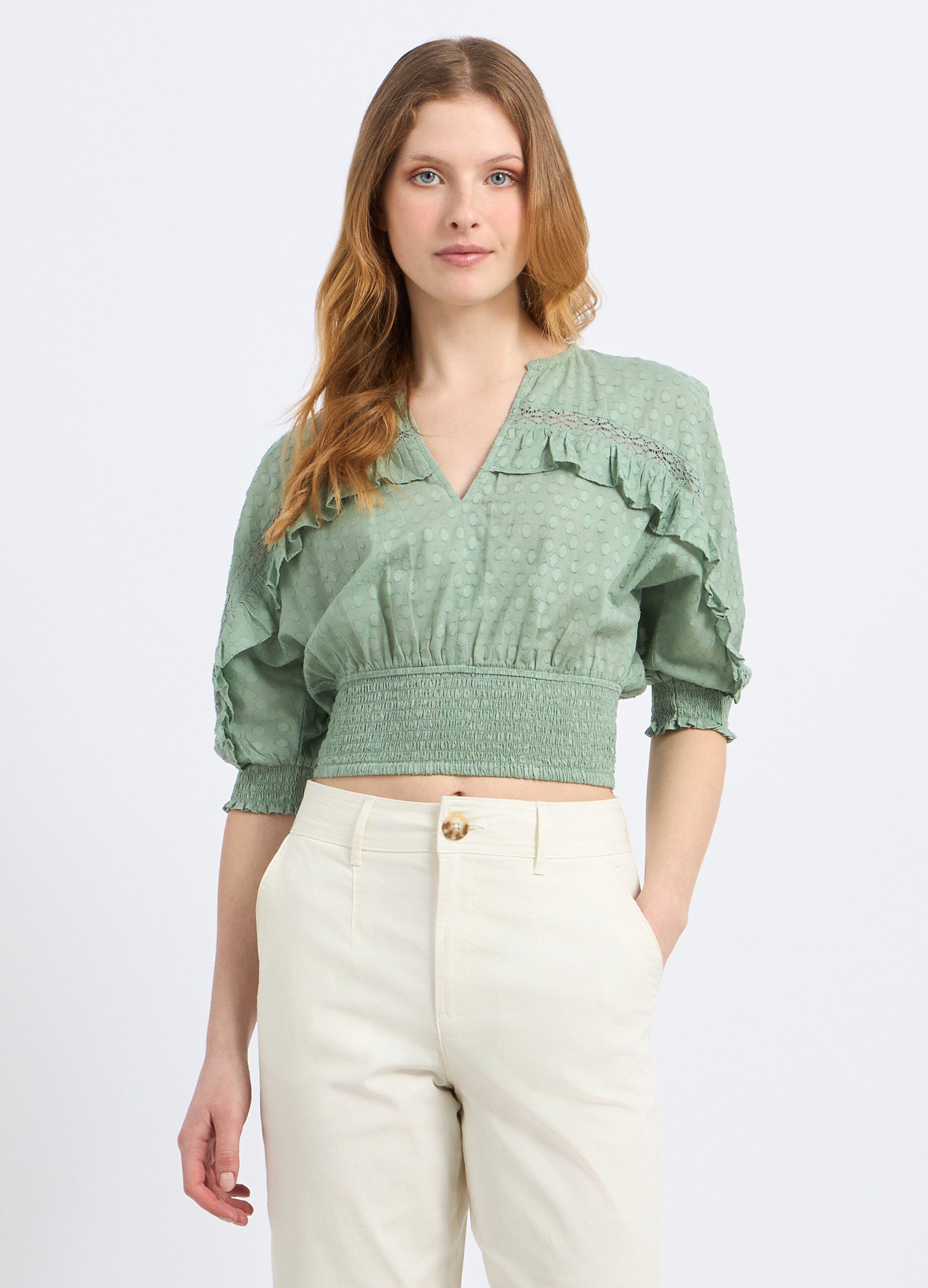 Blusa cropped in puro cotone con lavorazione jacquard donna_0