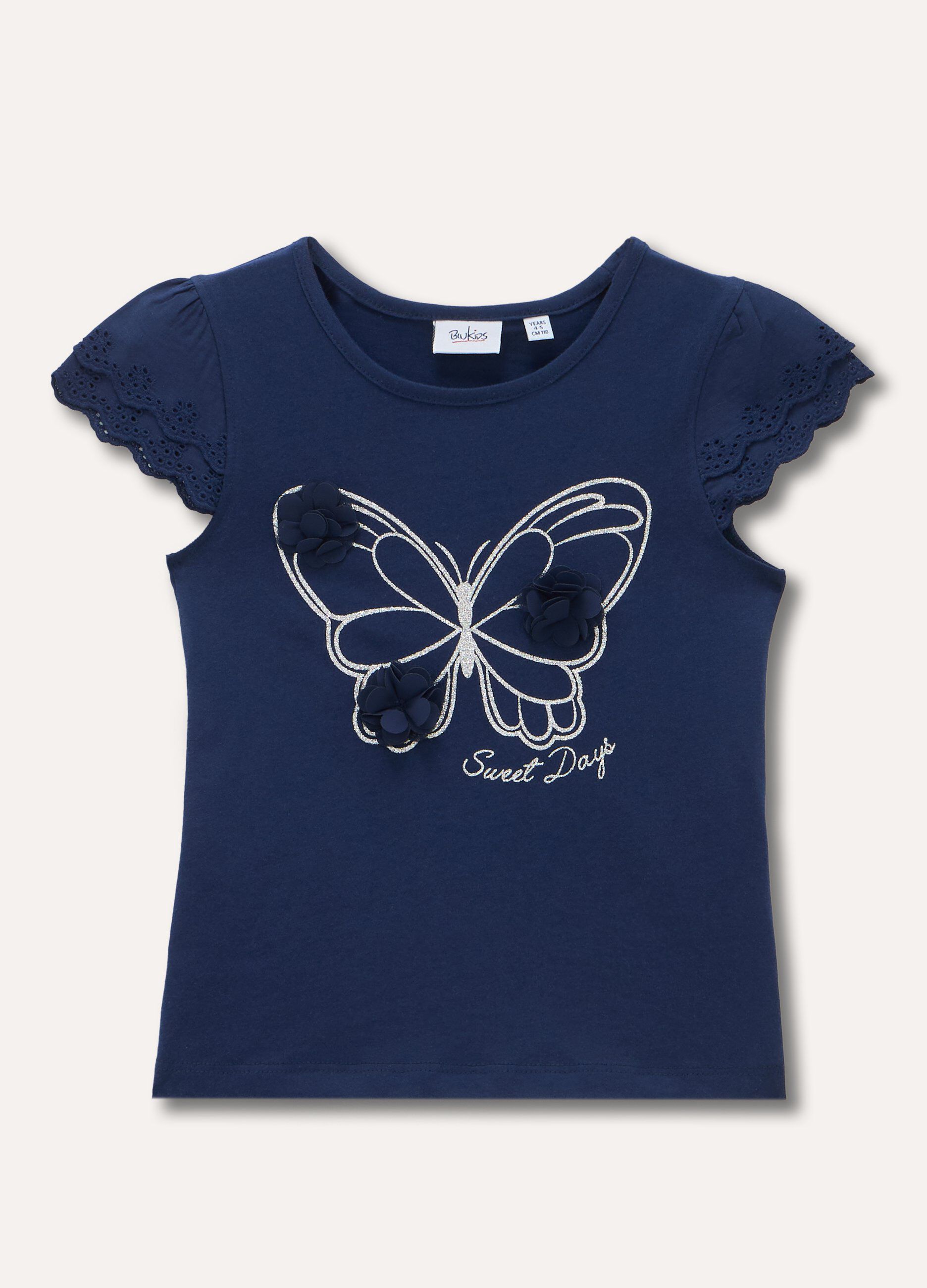 T-shirt in puro cotone con manica sangallo e applicazioni bambina_0