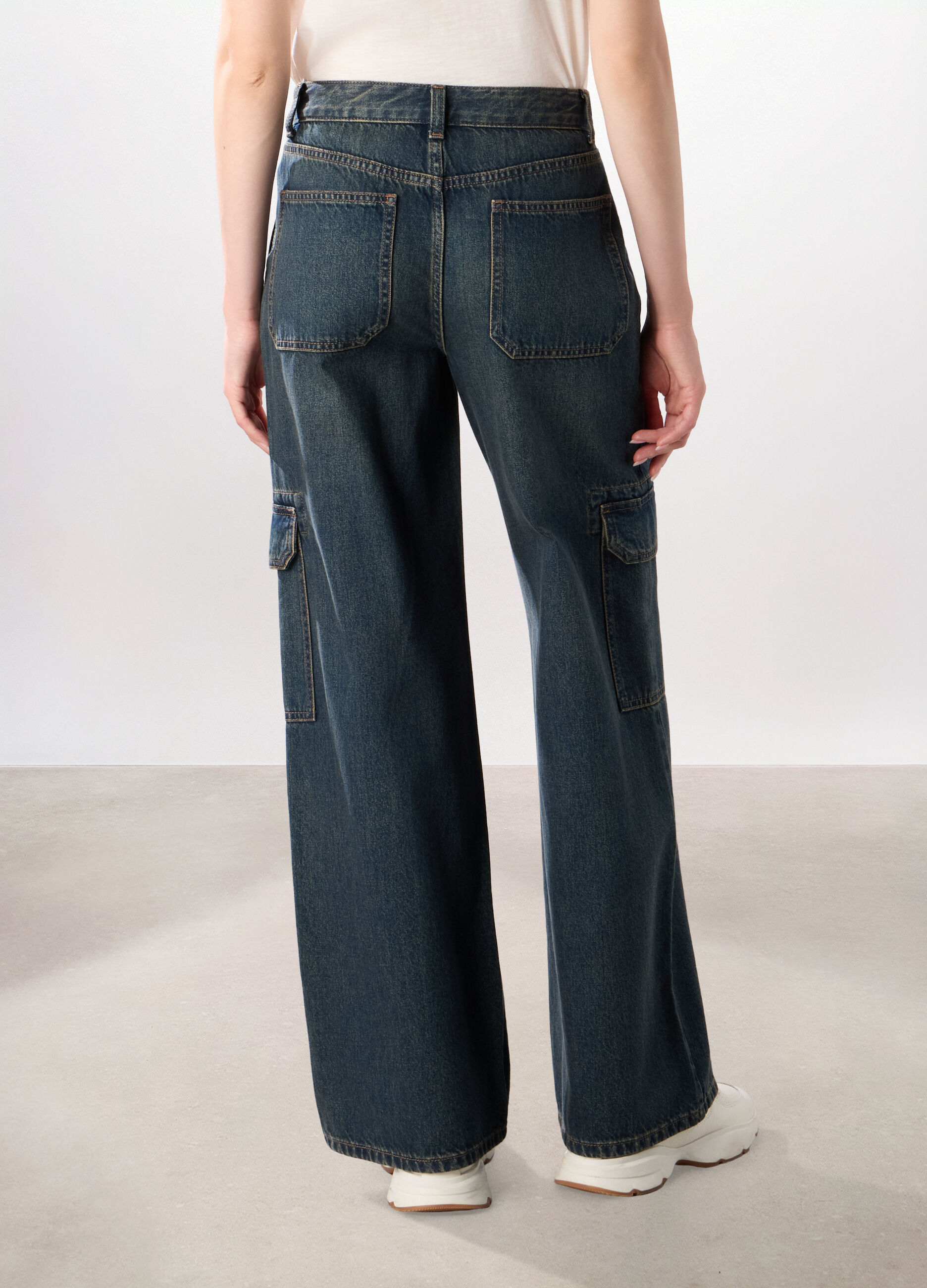 Pantaloni cargo wide leg in denim di puro cotone donna_1