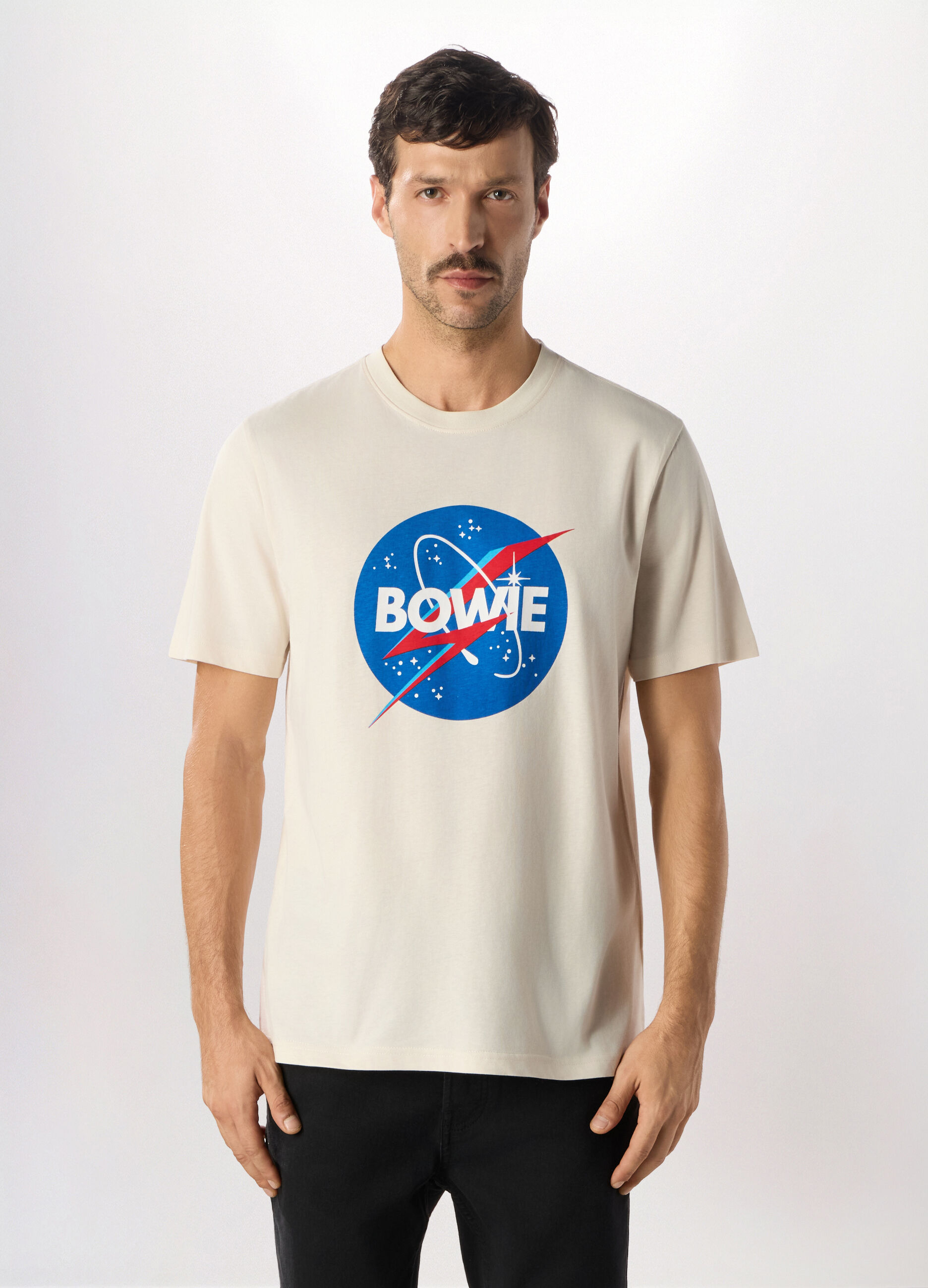 T-shirt girocollo con stampa David Bowie in cotone uomo_0
