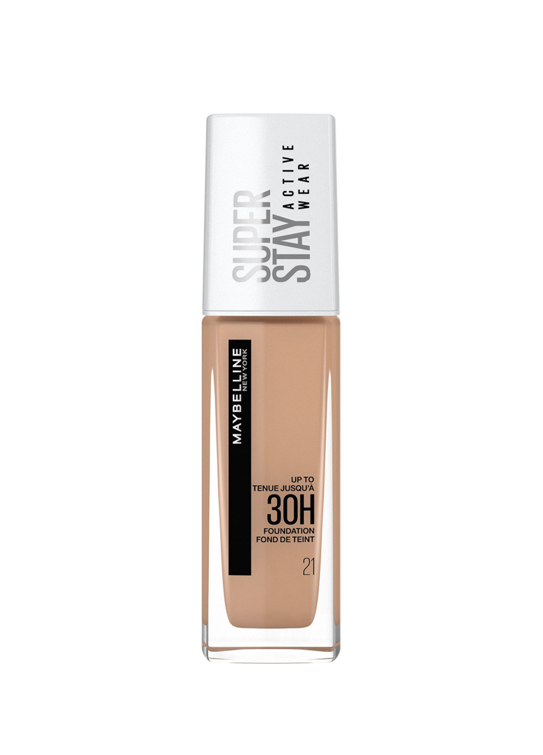 Maybelline New York Fondotinta Liquido SuperStay 30H Active Wear, Alta coprenza e lunghissima tenuta senza effetto maschera, Nude Beige (21), 30 ml.