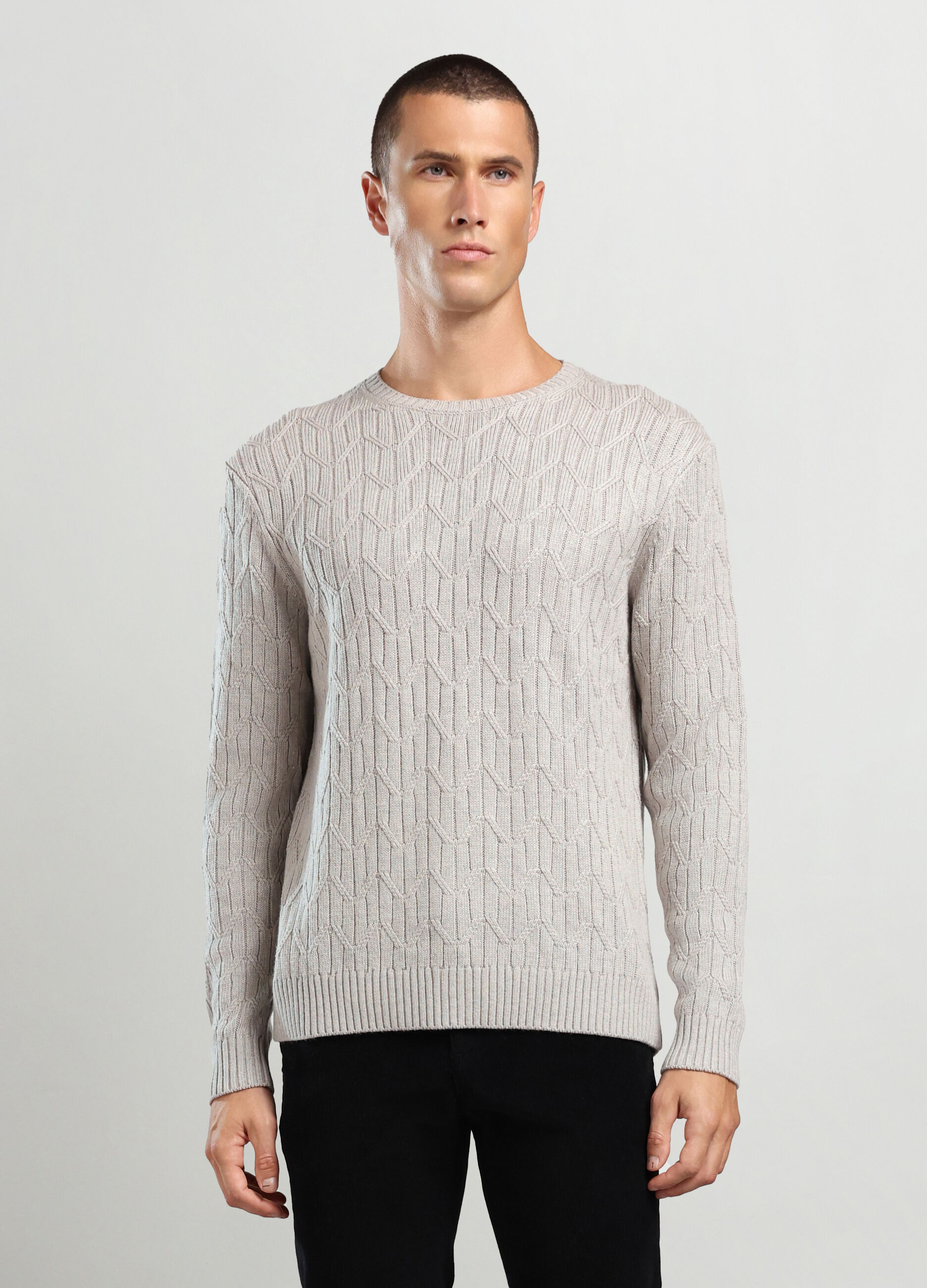 Maglione girocollo a trecce misto lana merino uomo