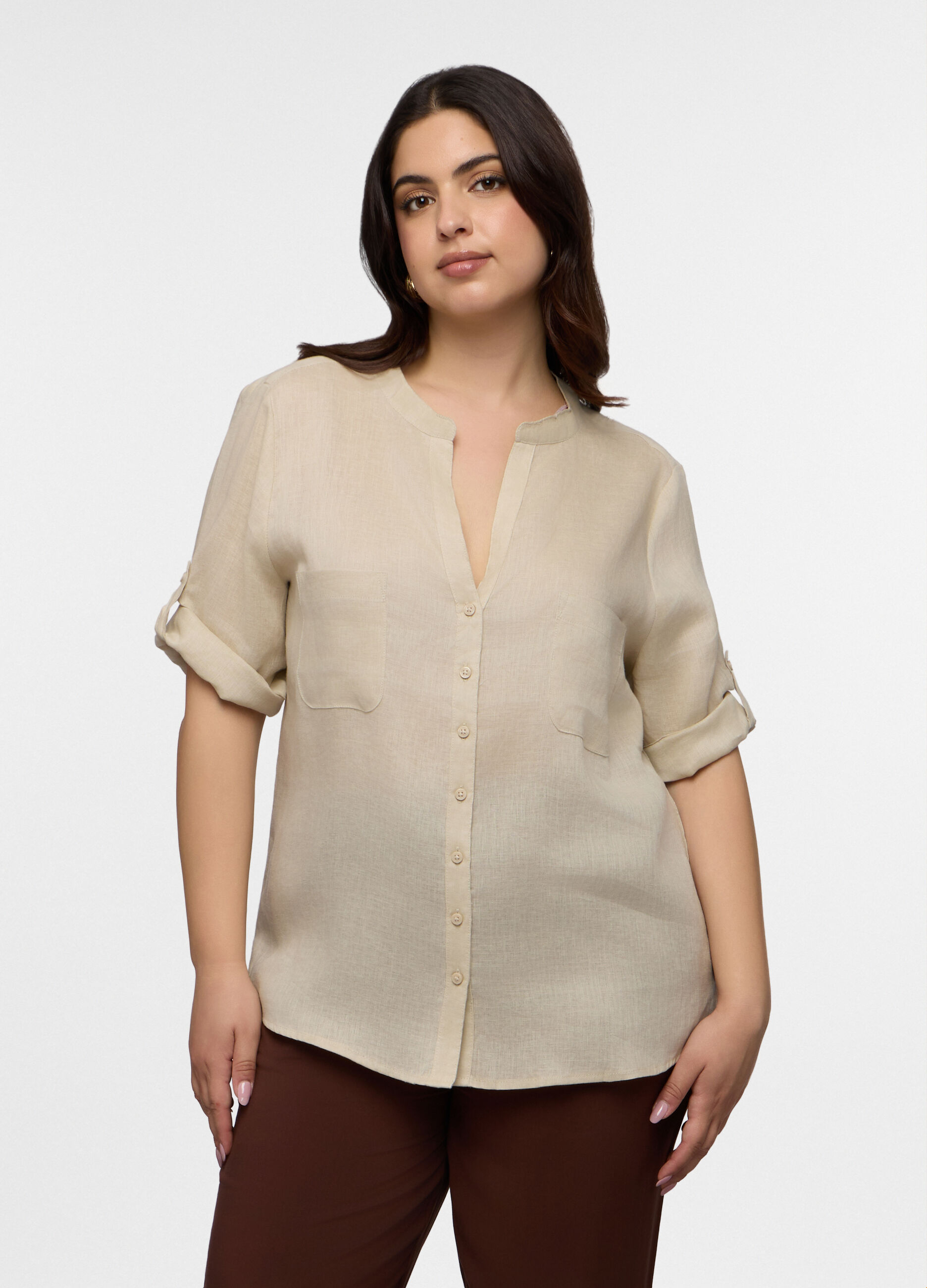 Camicia Fit Regular con scollo a V in puro lino donna curvy_0