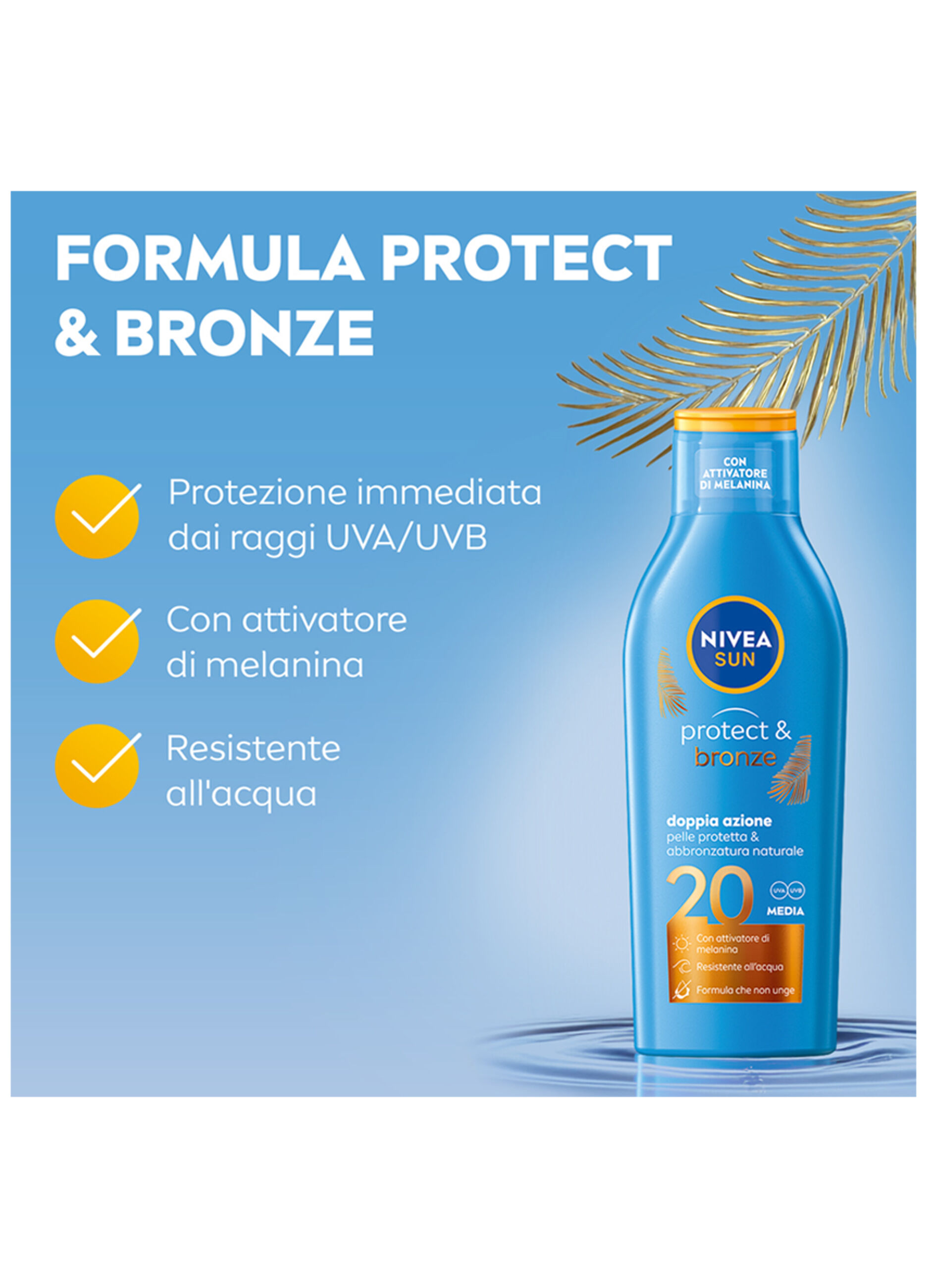 Nivea Sun Latte Solare Protect & Bronze FP20 200 ml, Crema solare 20 per un'abbronzatura dorata_3