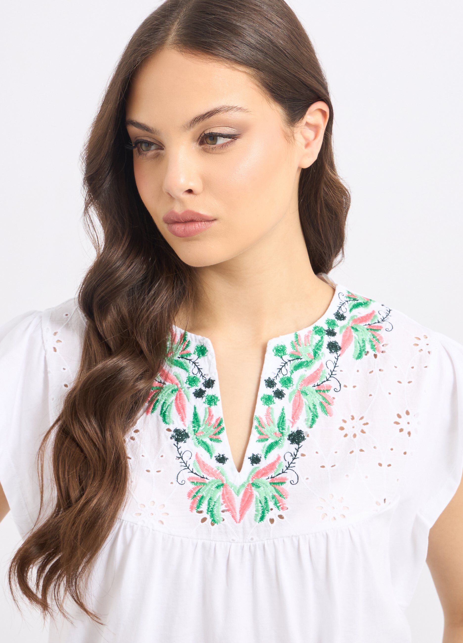 T-shirt in puro cotone con inserto in sangallo donna_2