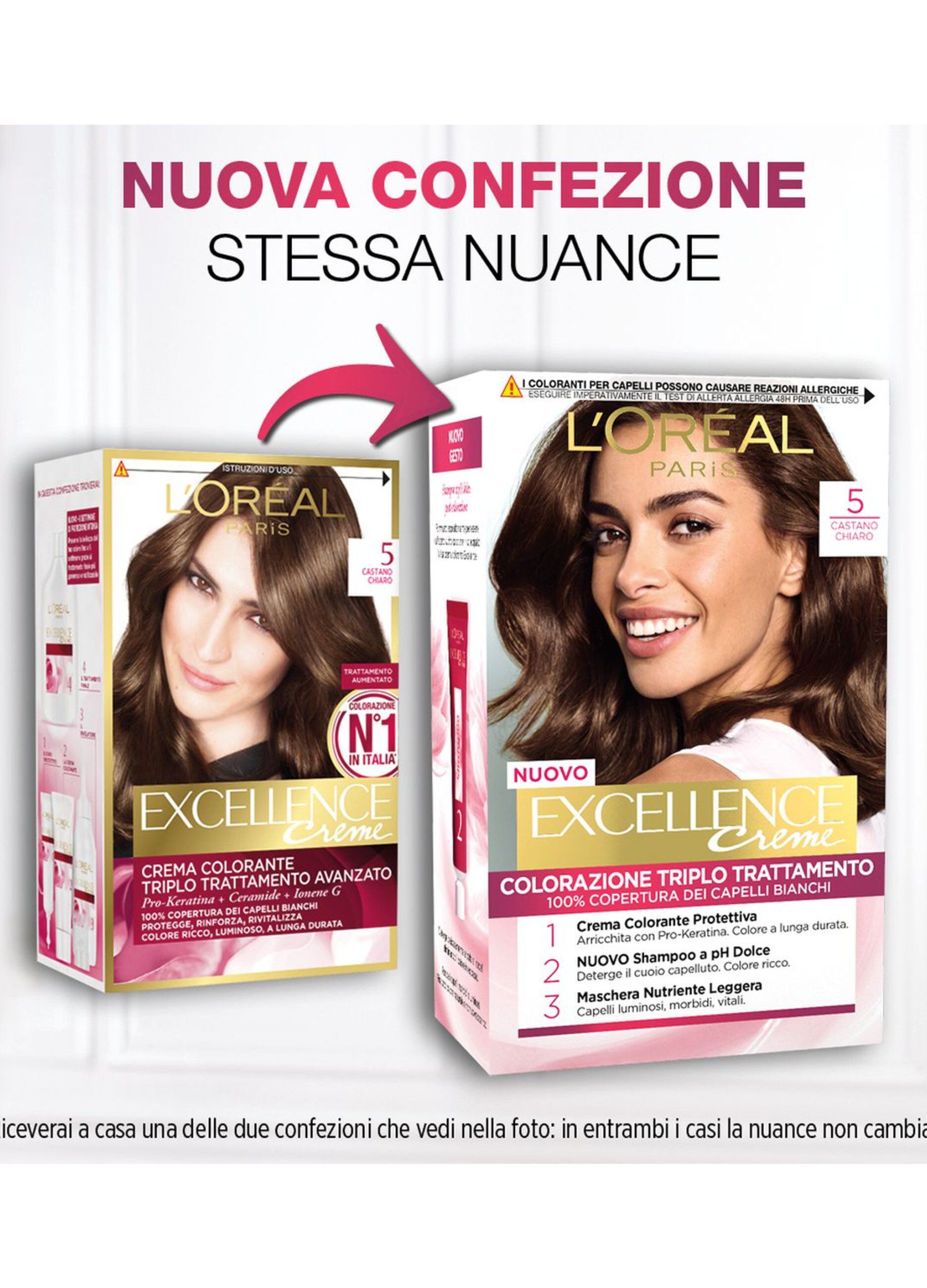 L'Oréal Paris Tinta Capelli Excellence, Copre i capelli bianchi, colore ricco, luminoso e a lunga durata, 5 Castano Chiaro.