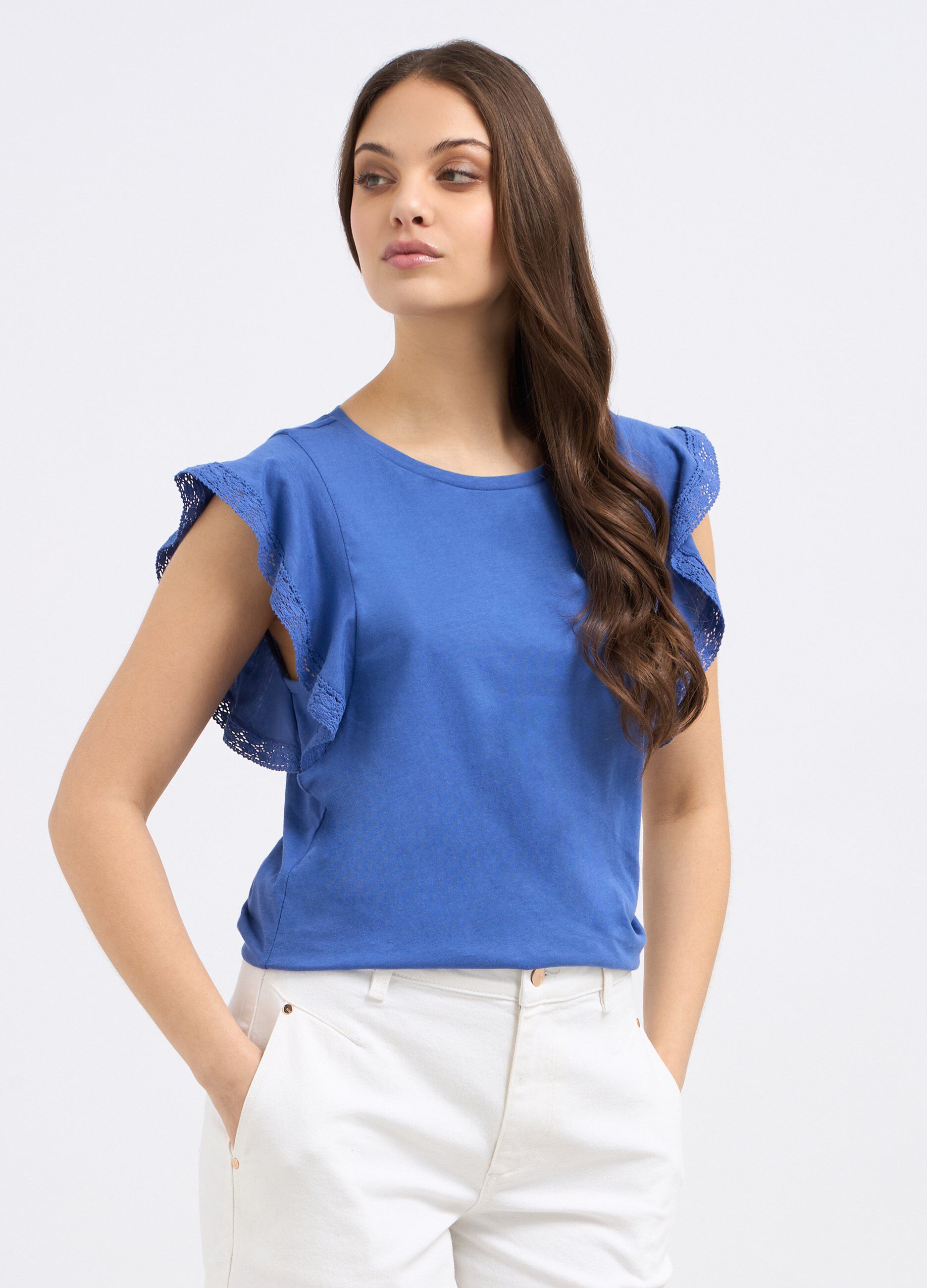 T-shirt in puro cotone con maniche ad aletta e pizzo donna_0