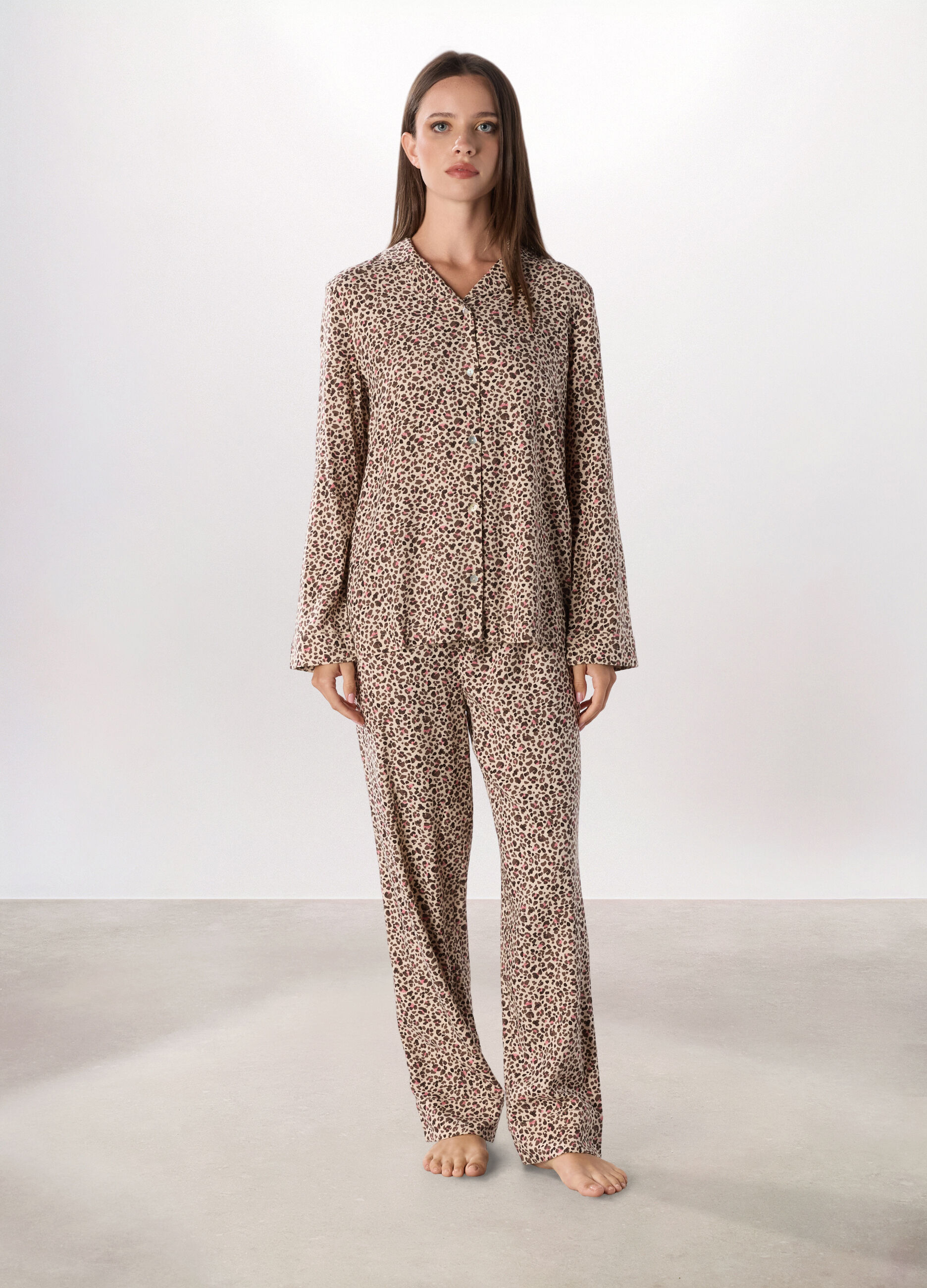 Set pigiama lungo animalier in twill puro cotone donna_0