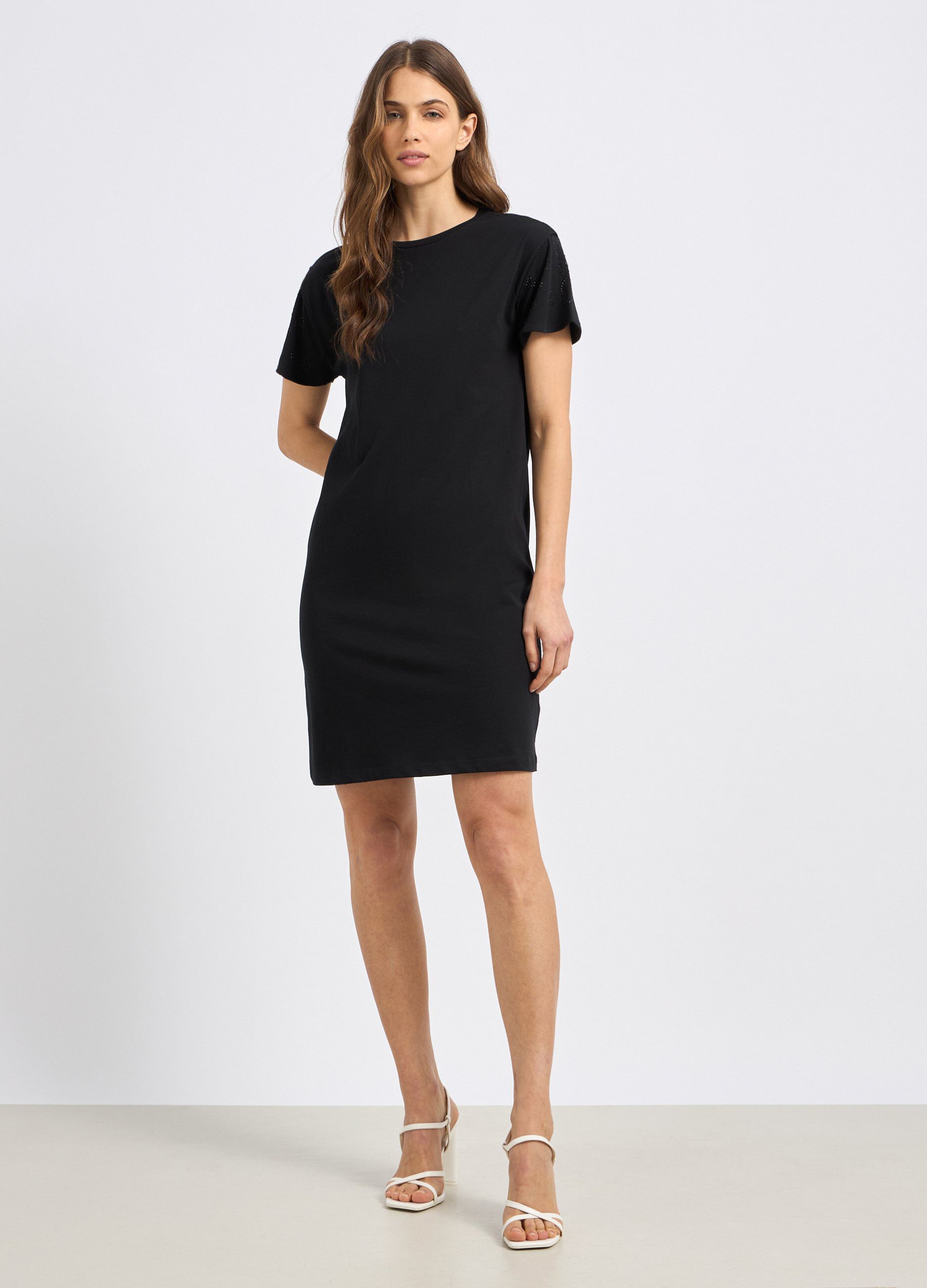 Vestito corto in puro cotone con strass donna_0