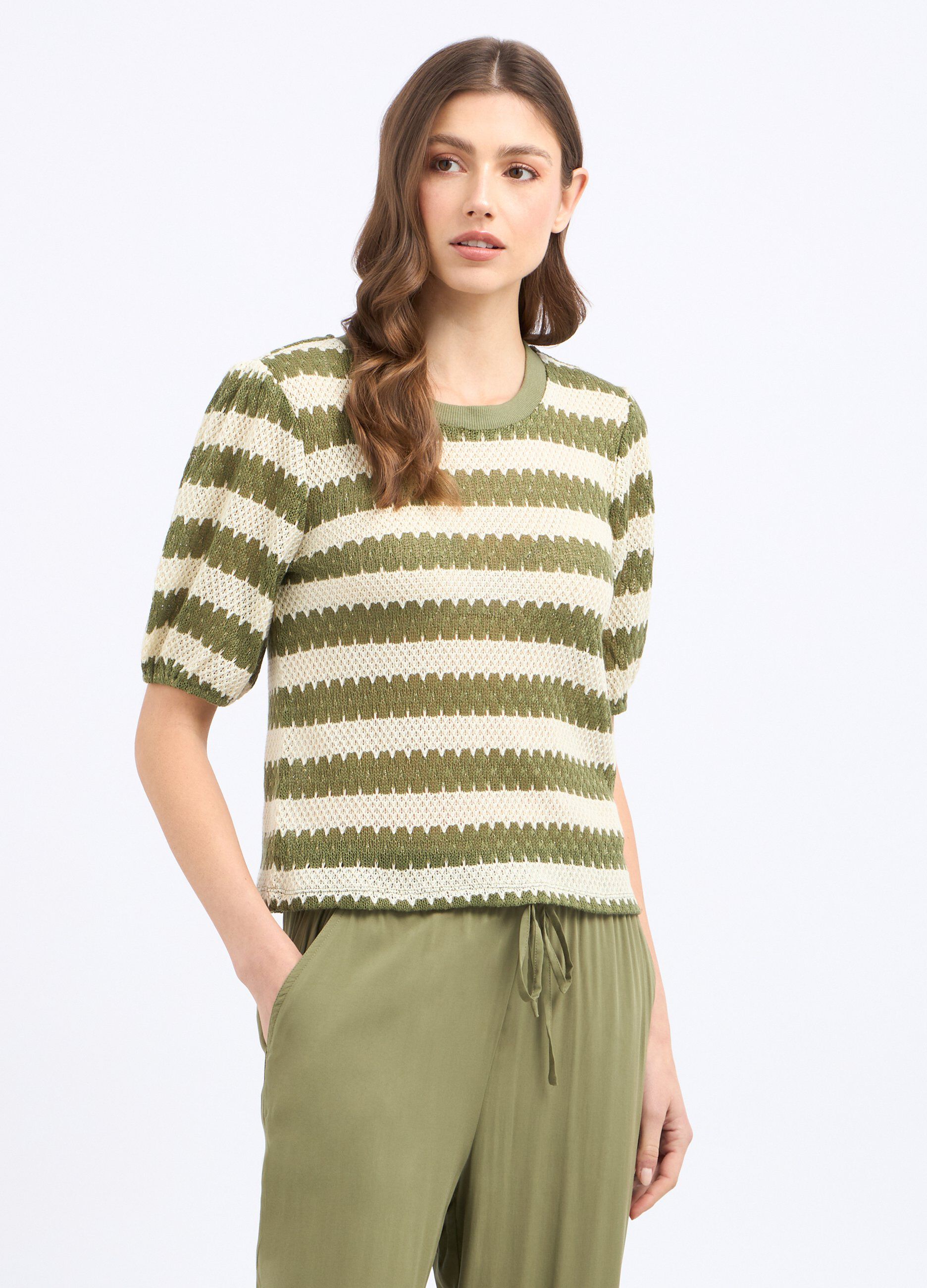 T-shirt rigata con lavorazione tricot donna_0