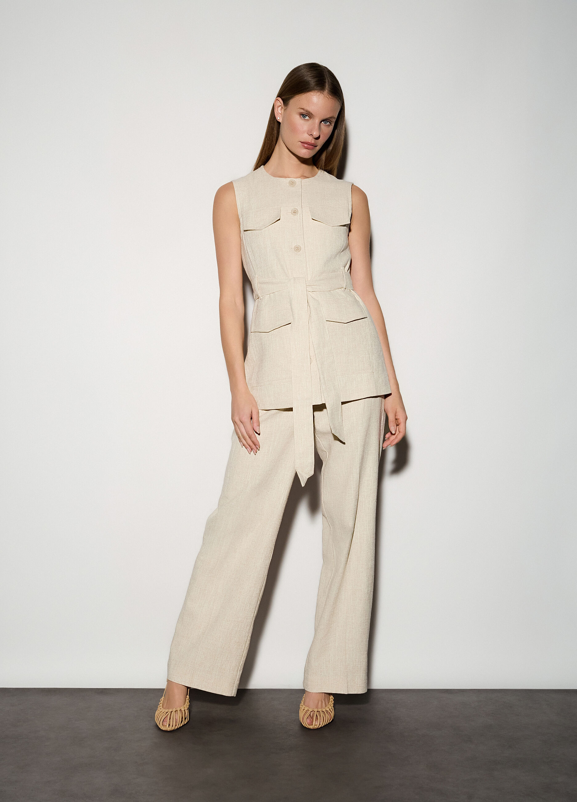 Pantaloni chino regular fit misto lino donna_0