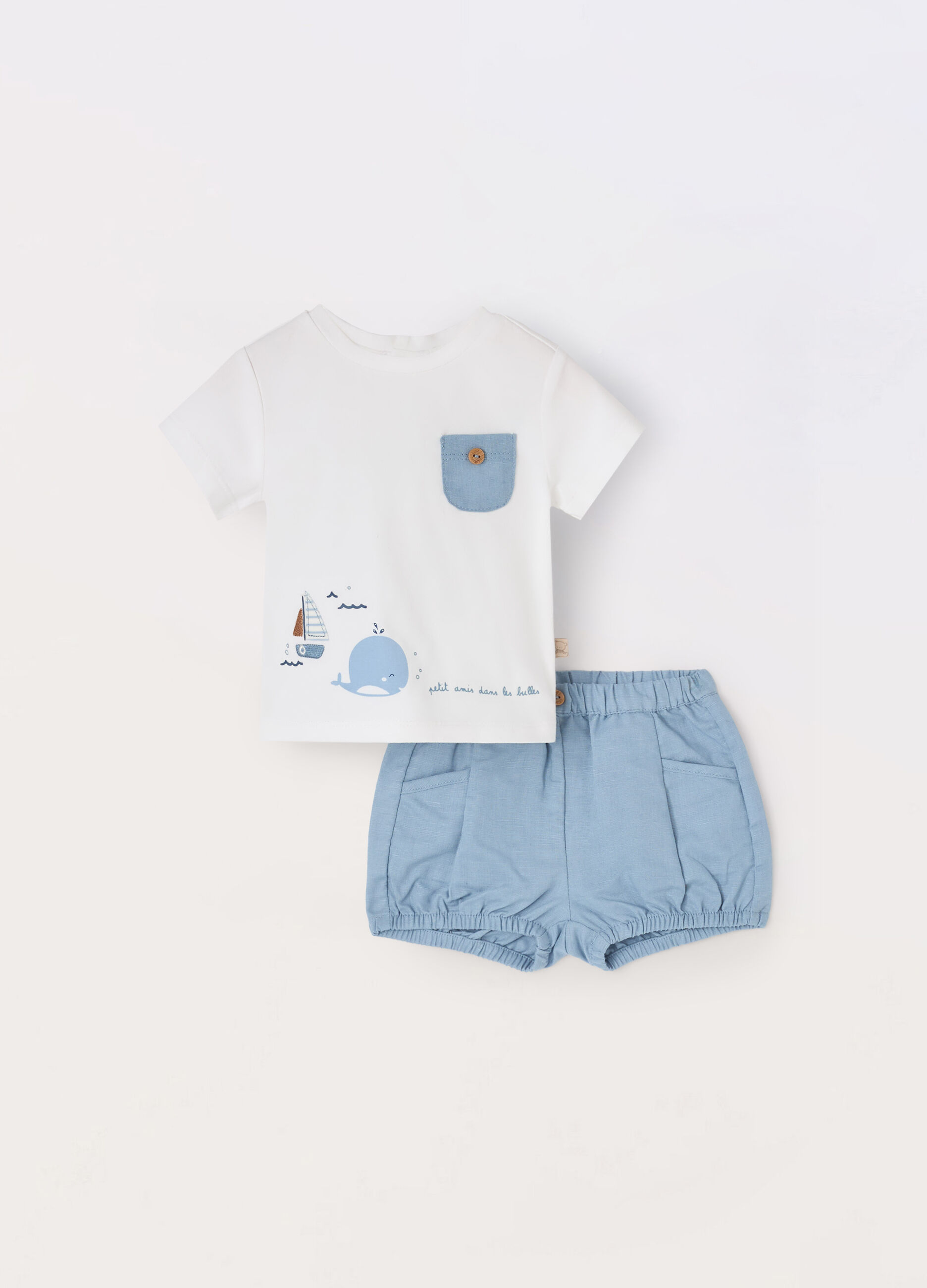 Set t-shirt + shorts in misto lino neonato_0