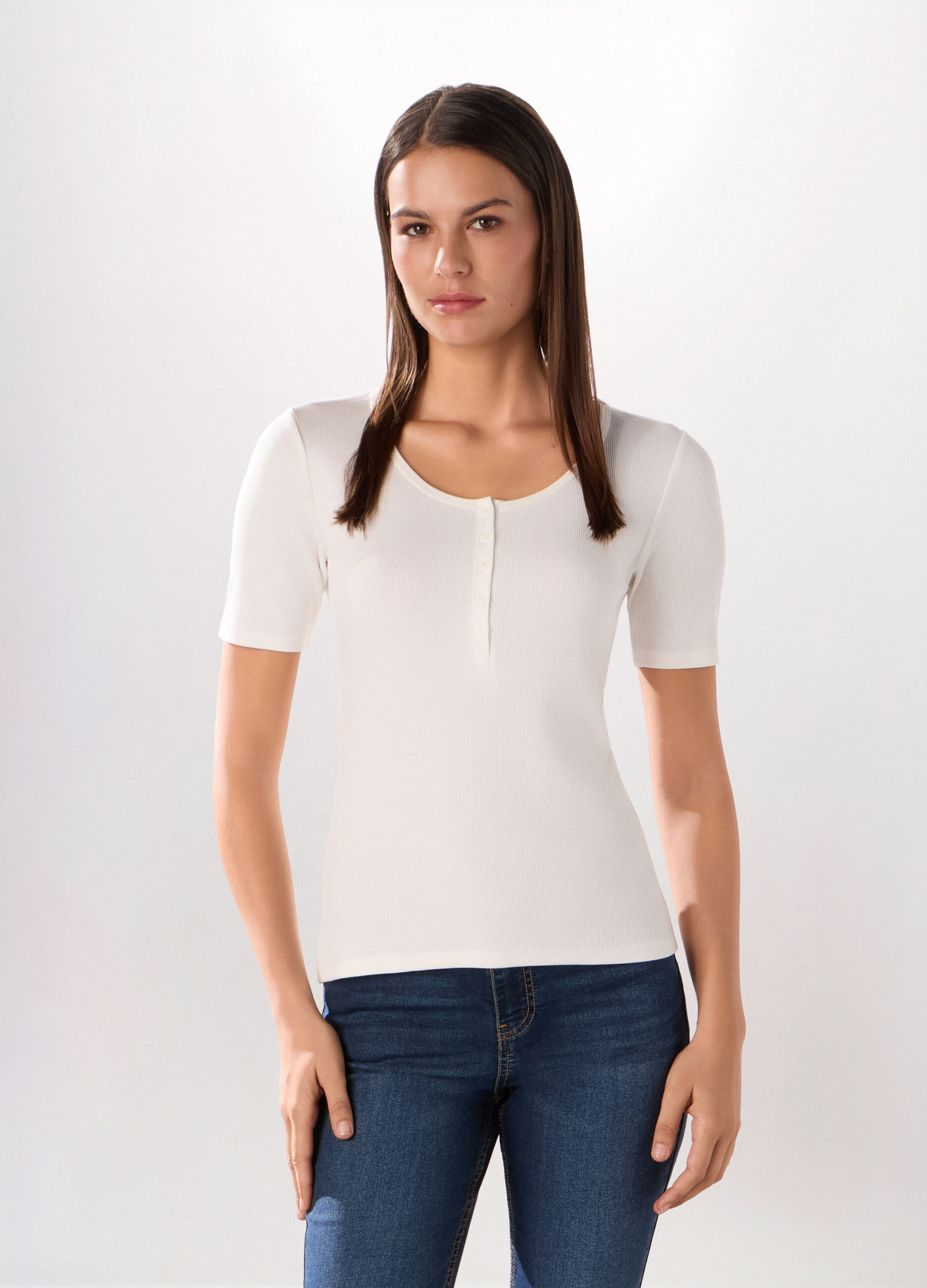 T-shirt in costina di cotone stretch donna_0