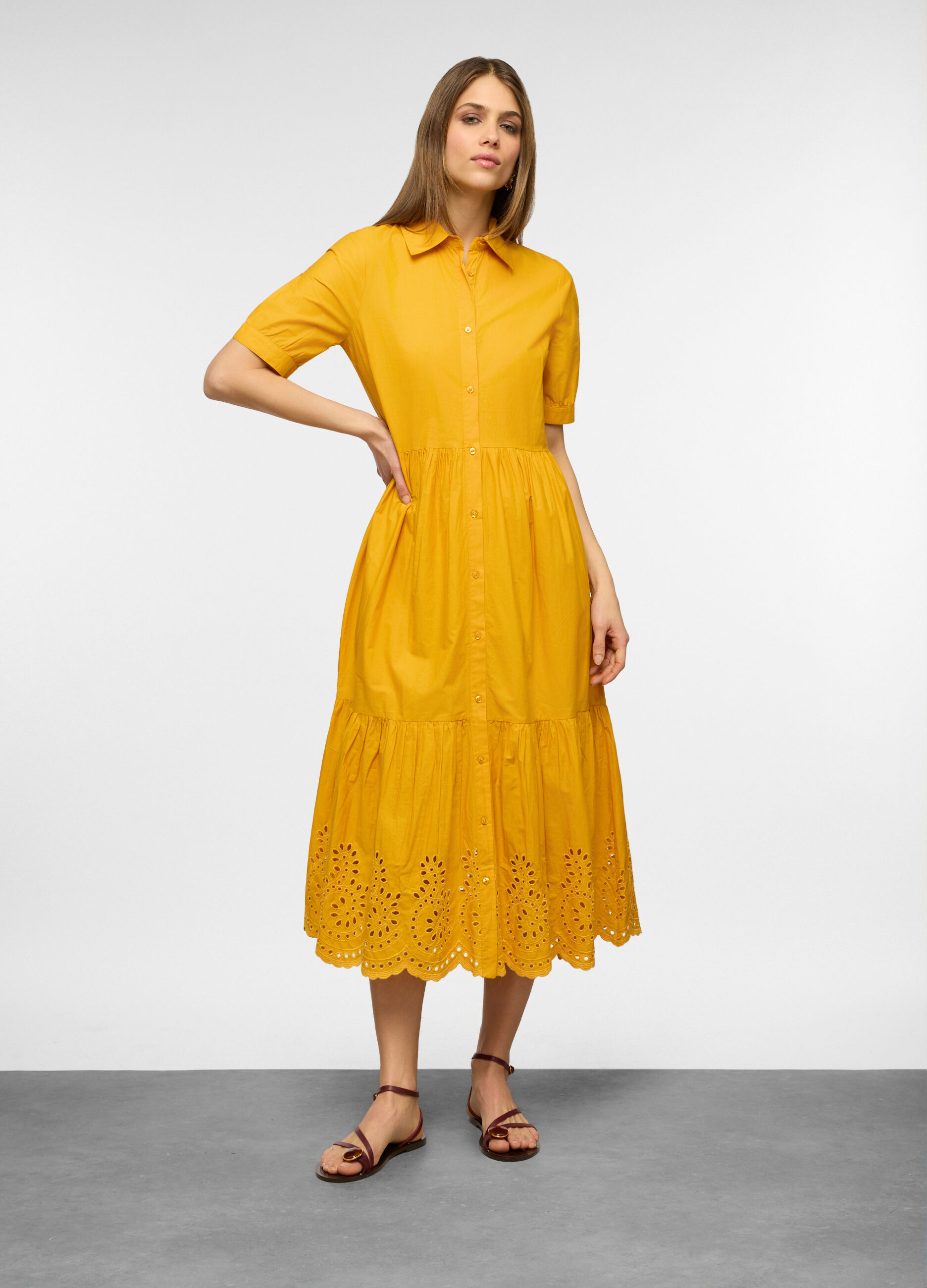 Vestito chemisier con colletto classico e ricamo in puro cotone donna_0