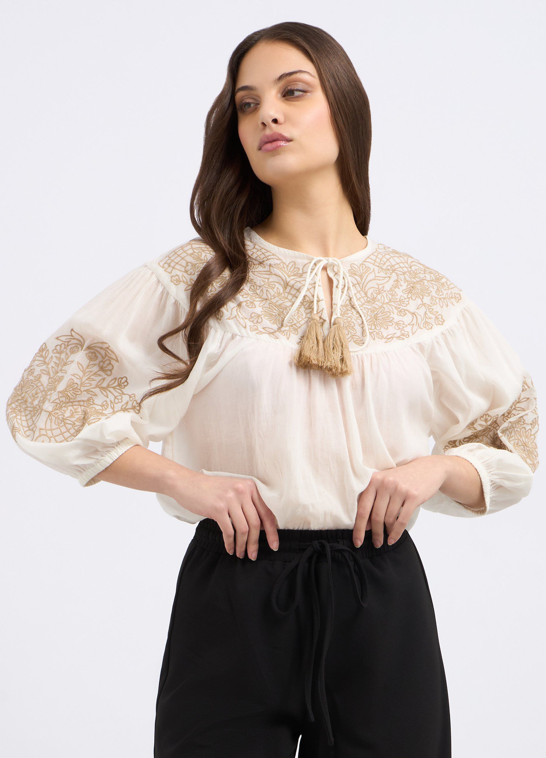 Blusa in misto cotone con ricami donna_0