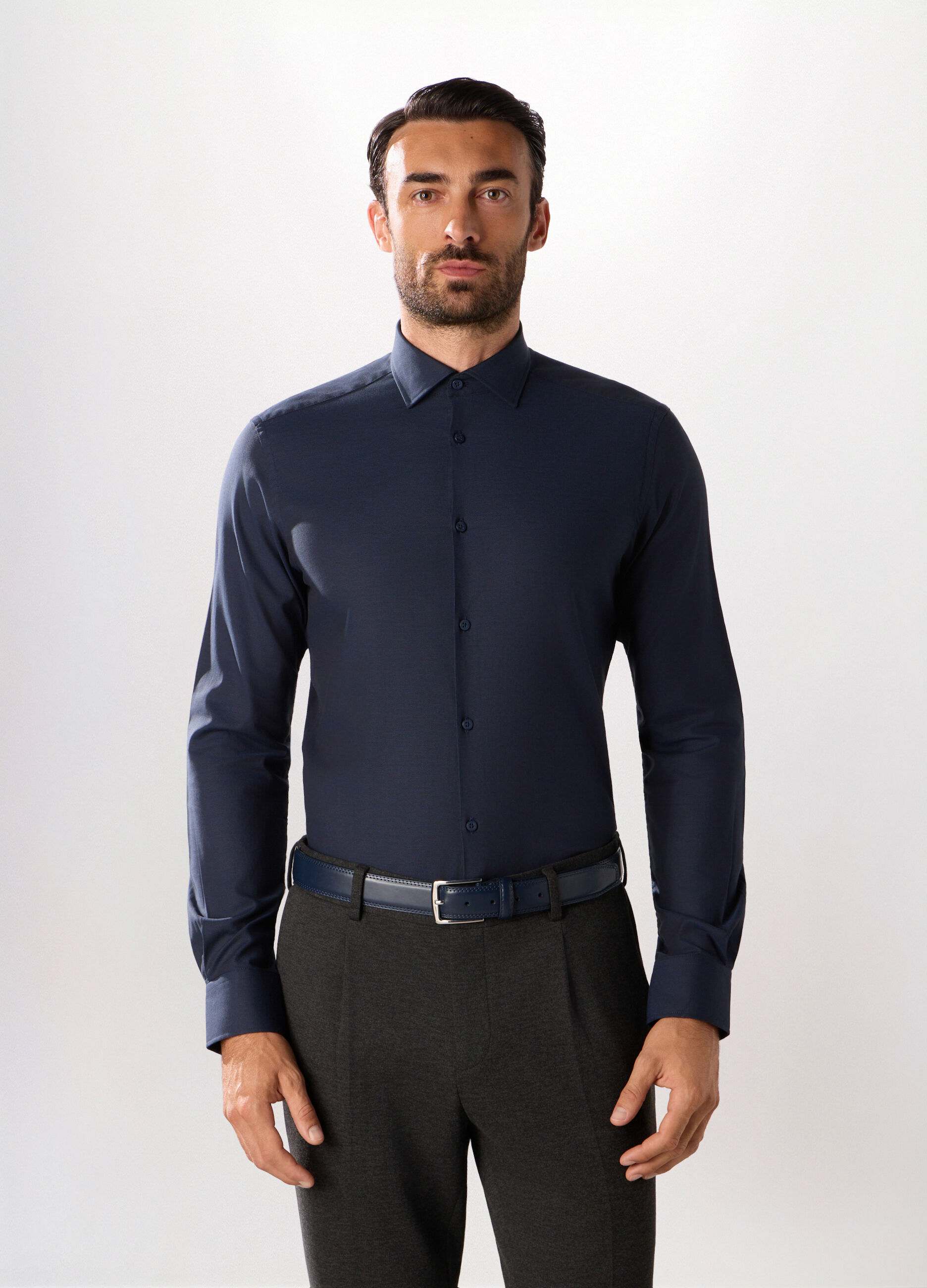 Camicia slim fit in piquet di cotone stretch uomo_0