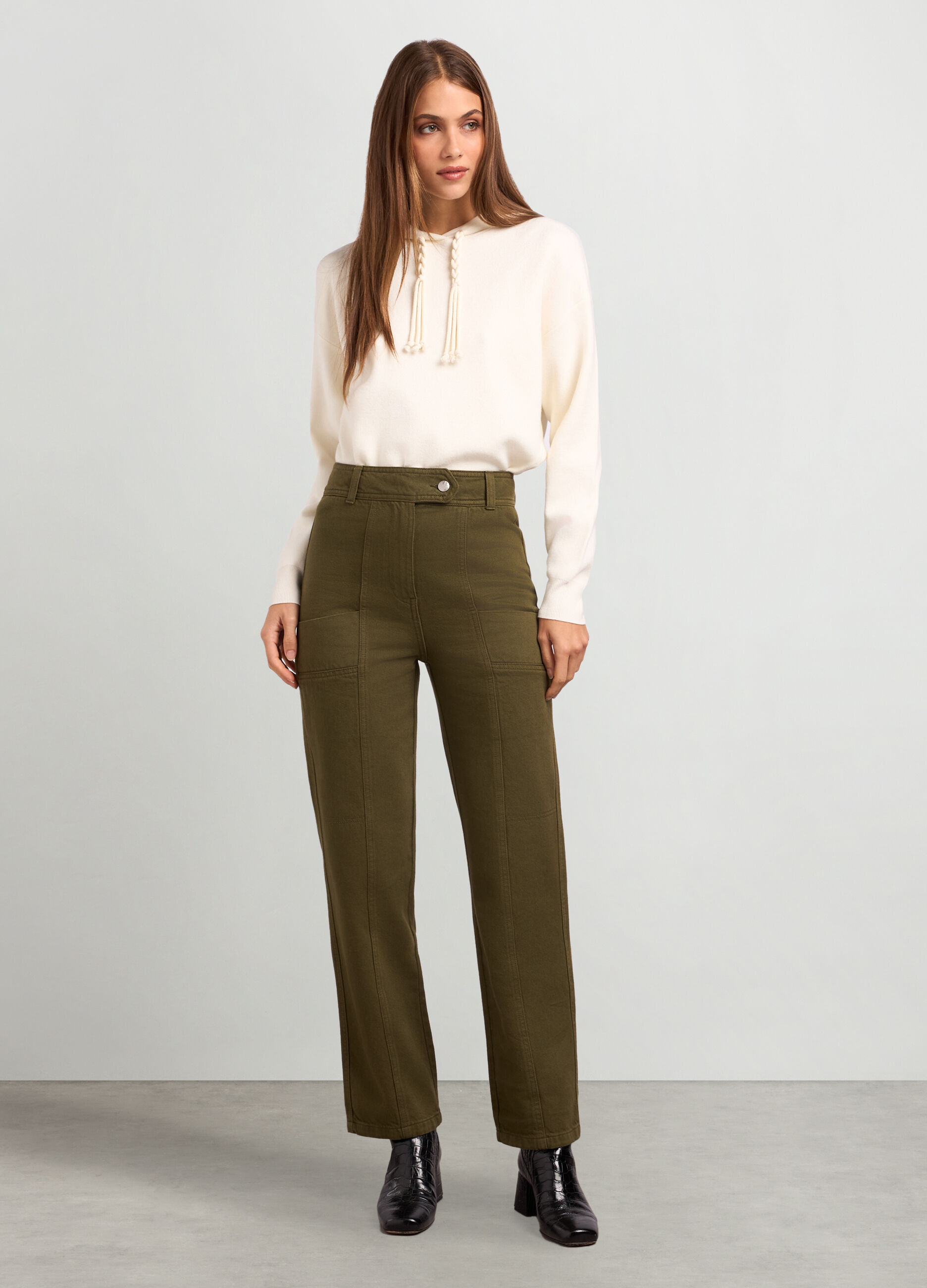 Pantaloni a vita alta in puro cotone donna_0