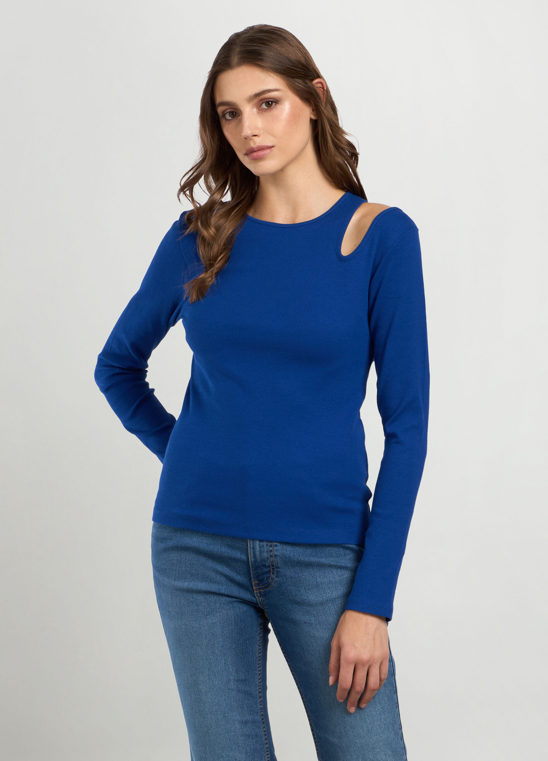 T-shirt in costina di cotone stretch donna_0