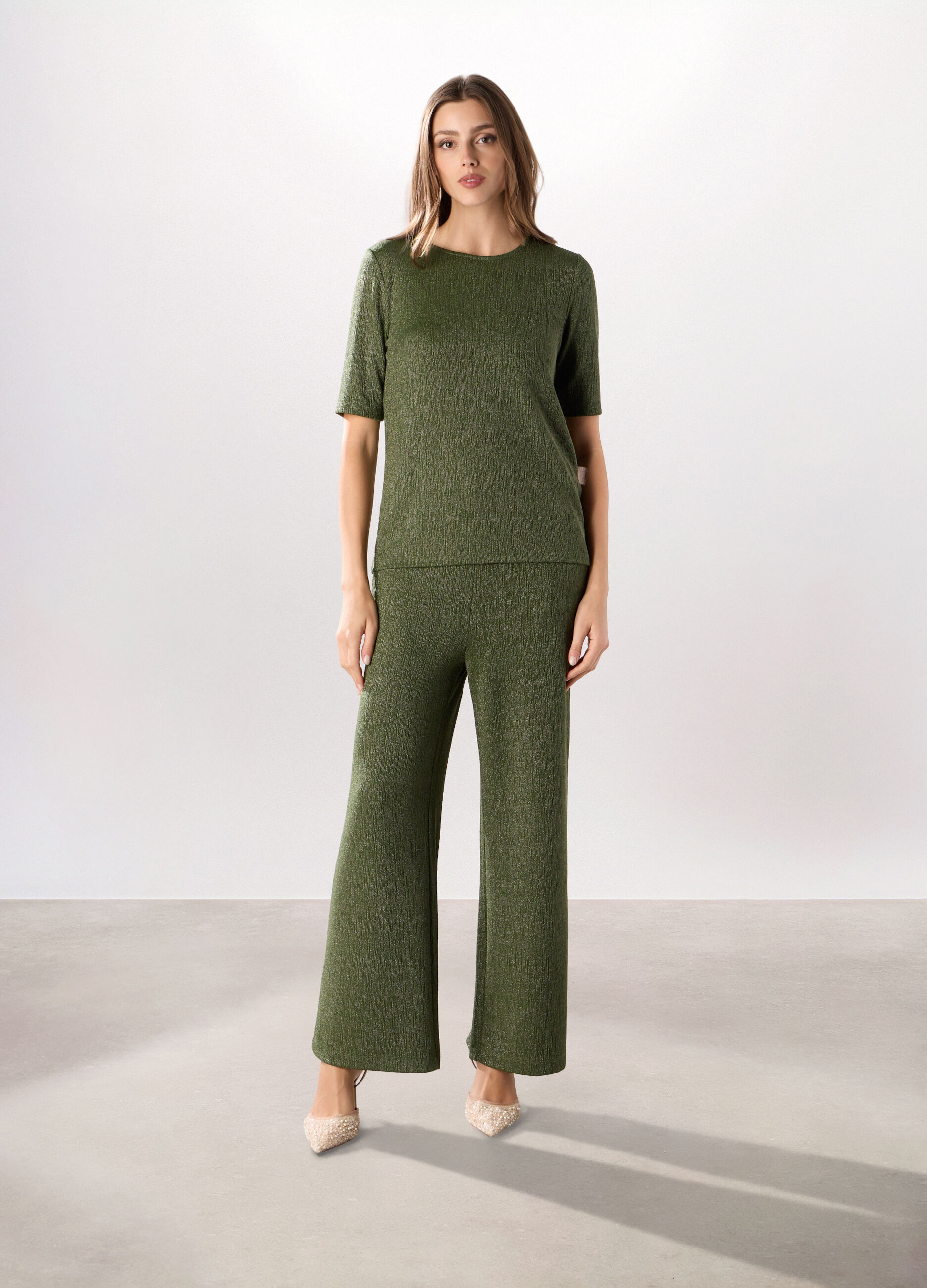 Pantalone palazzo in crinkle e di filo lurex donna_0