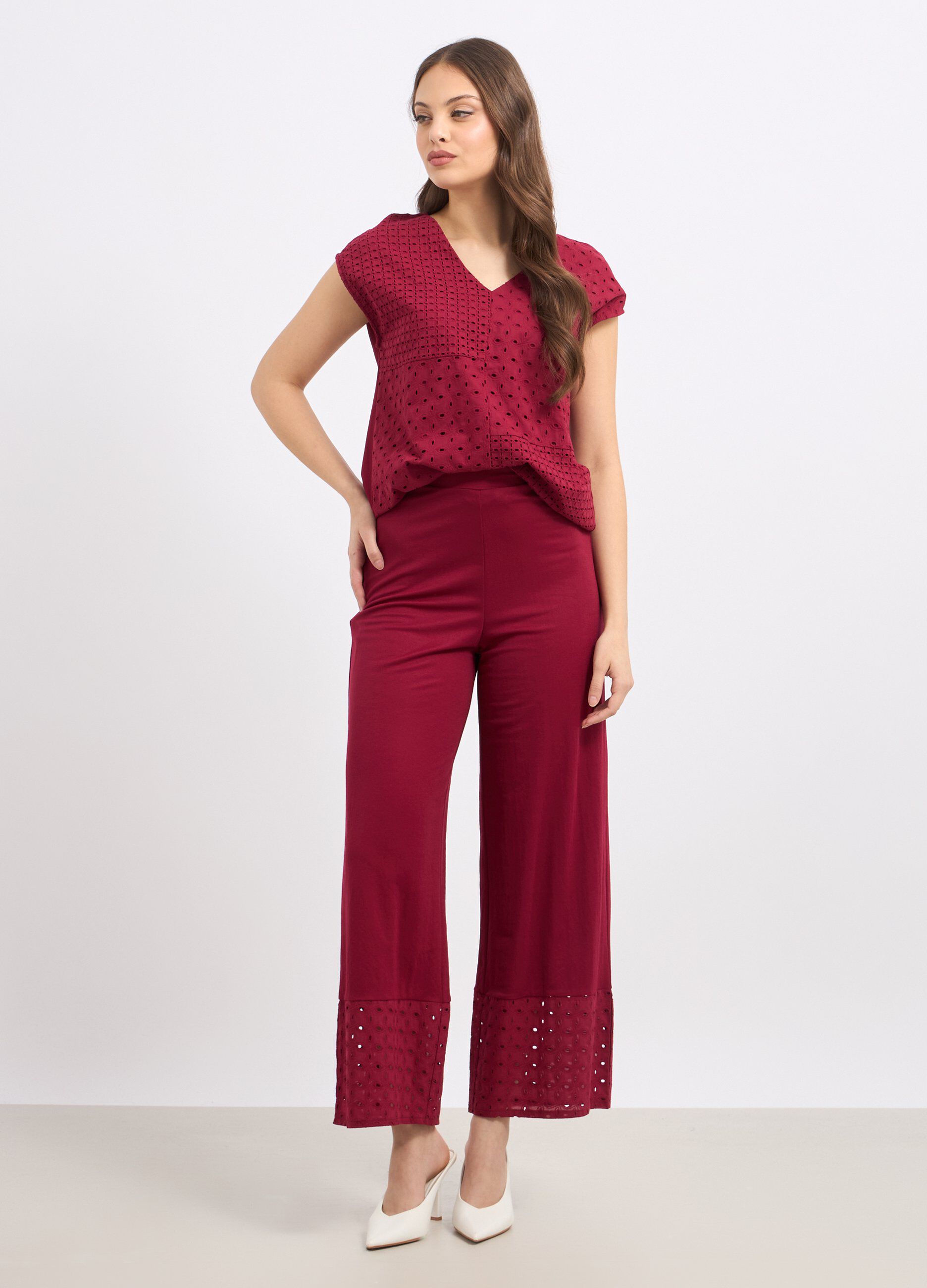 Pantaloni palazzo in misto viscosa con ricamo donna_0