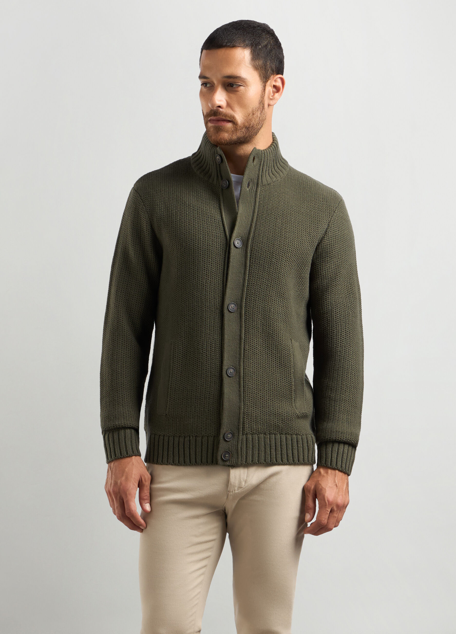 Cardigan collo alto in maglia rasata a rovescio uomo_0