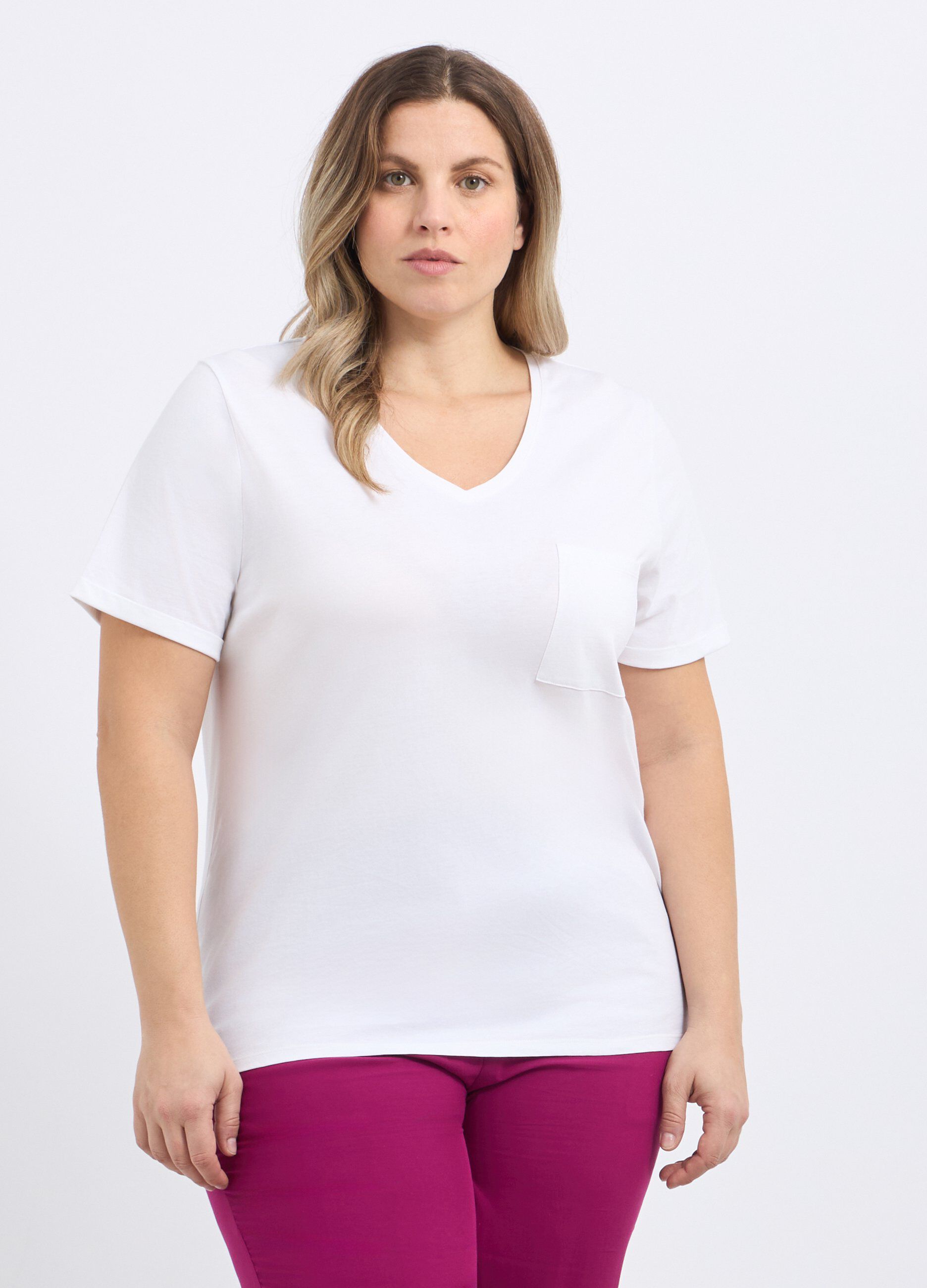 T-shirt in puro cotone con scollo a V donna curvy_0