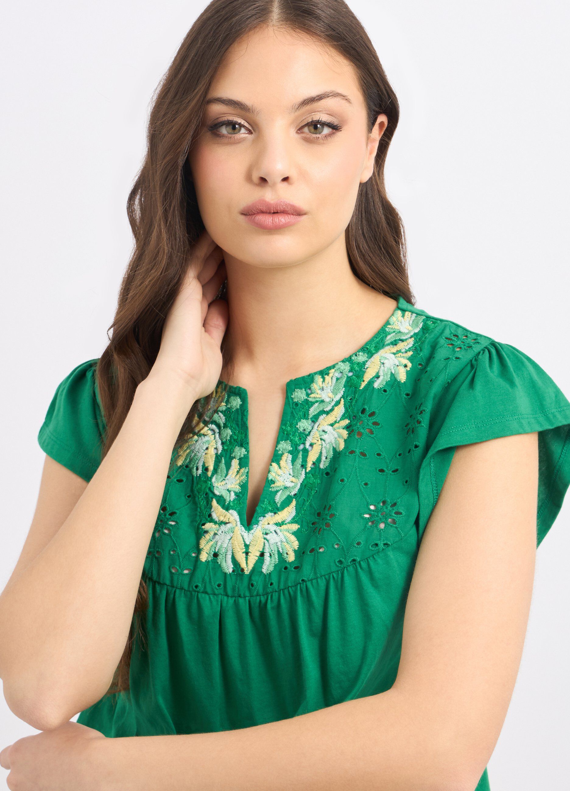T-shirt in puro cotone con inserto in sangallo donna_2