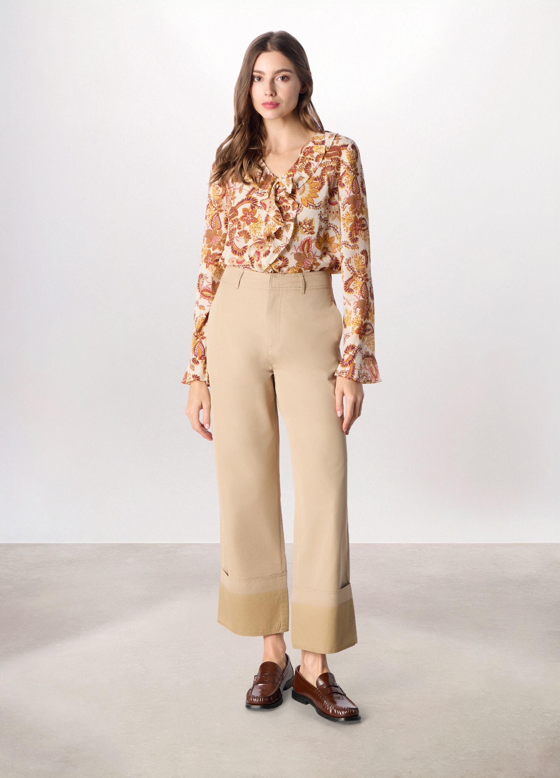 Pantaloni wide leg in twill misto cotone donna_0