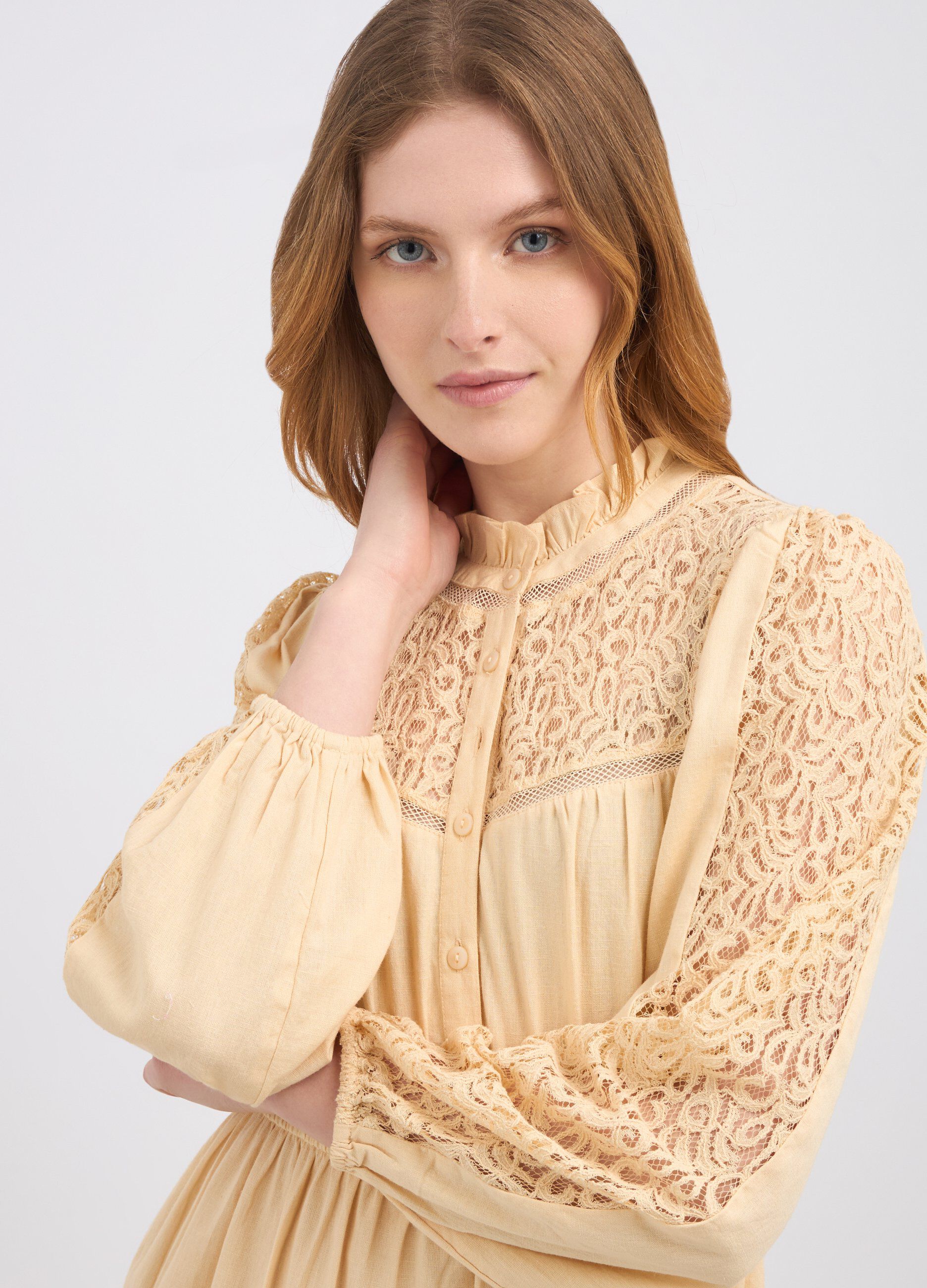 Abito lungo a balze in misto lino donna_2