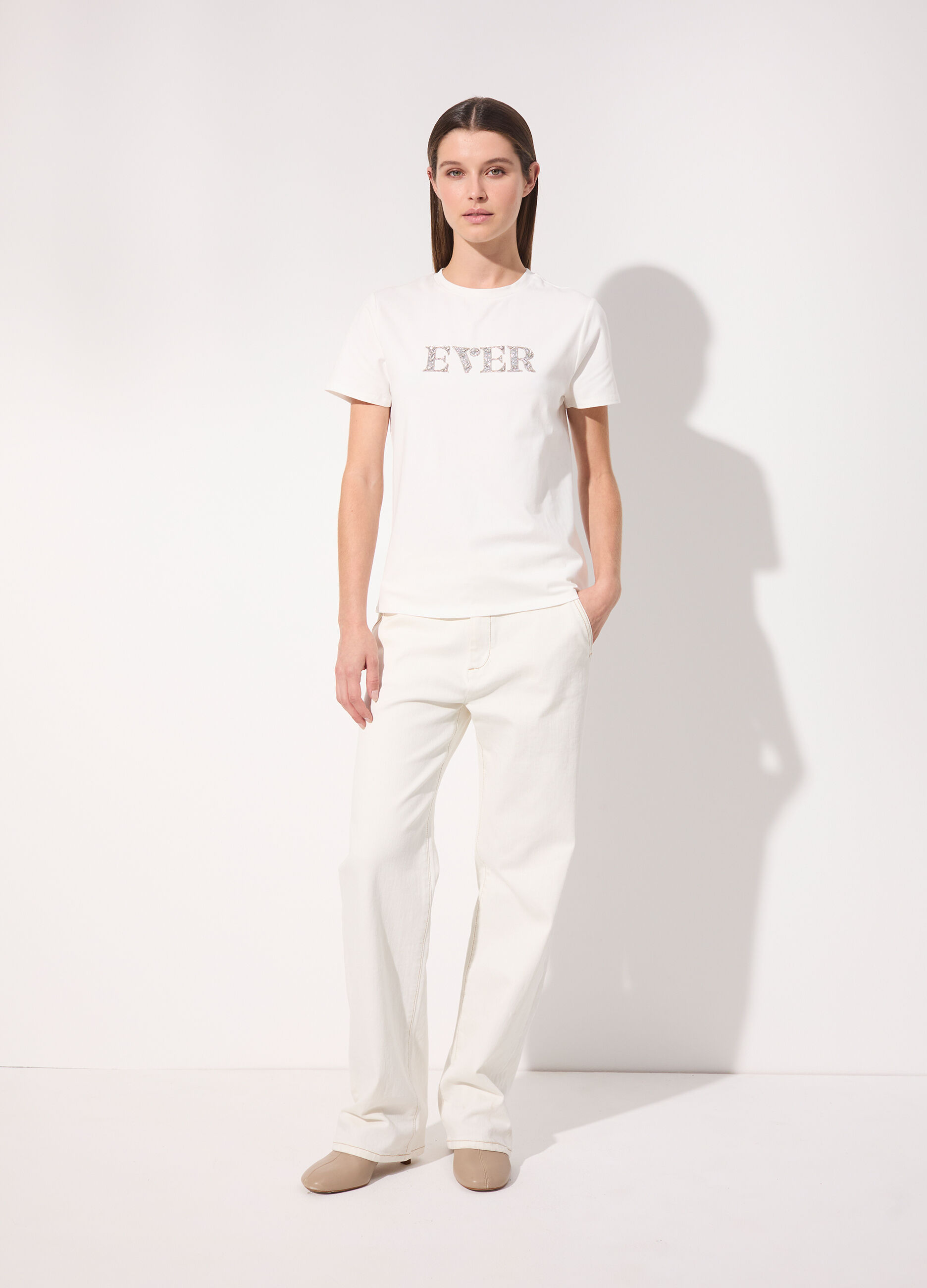T-shirt con strass in cotone stretch donna_0