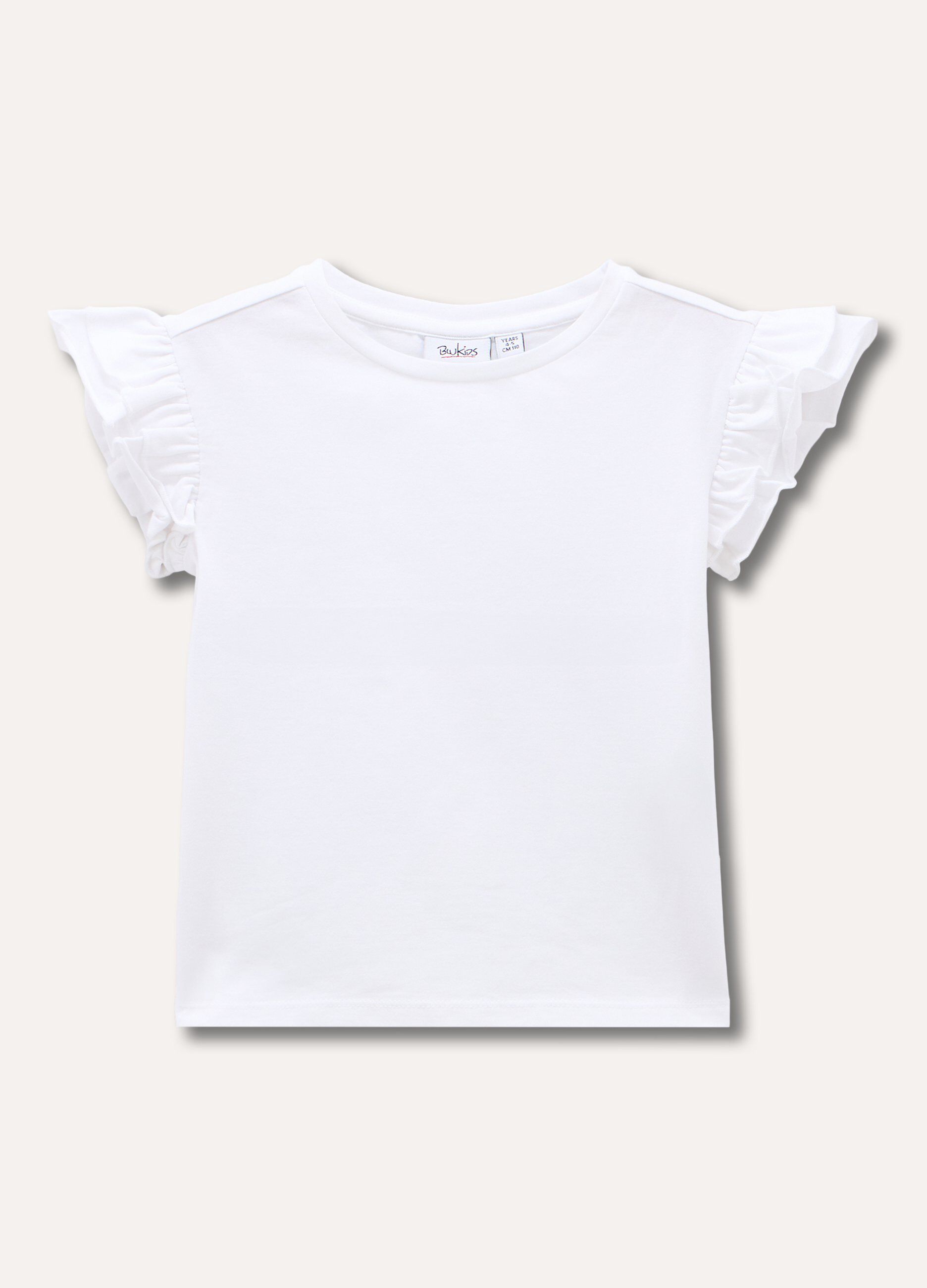 T-shirt in cotone stretch con rouches su manica bambina_0