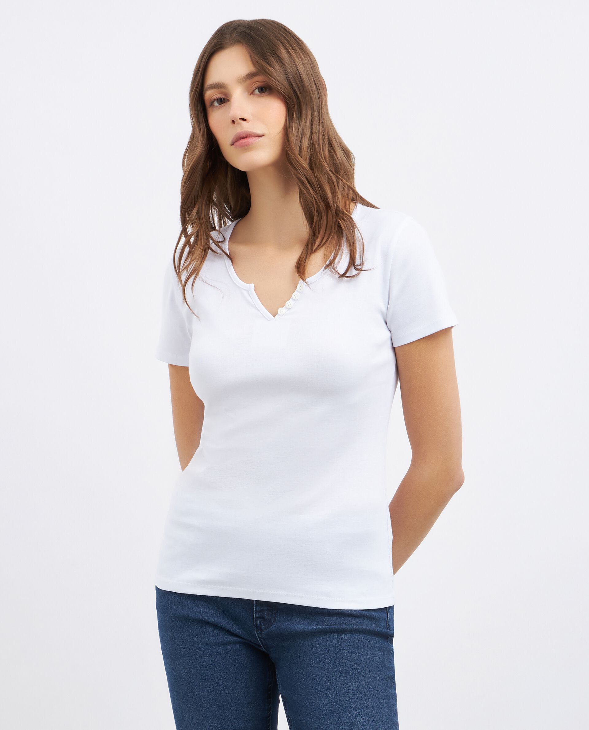 T-shirt con scollo a V e bottoni donna_0