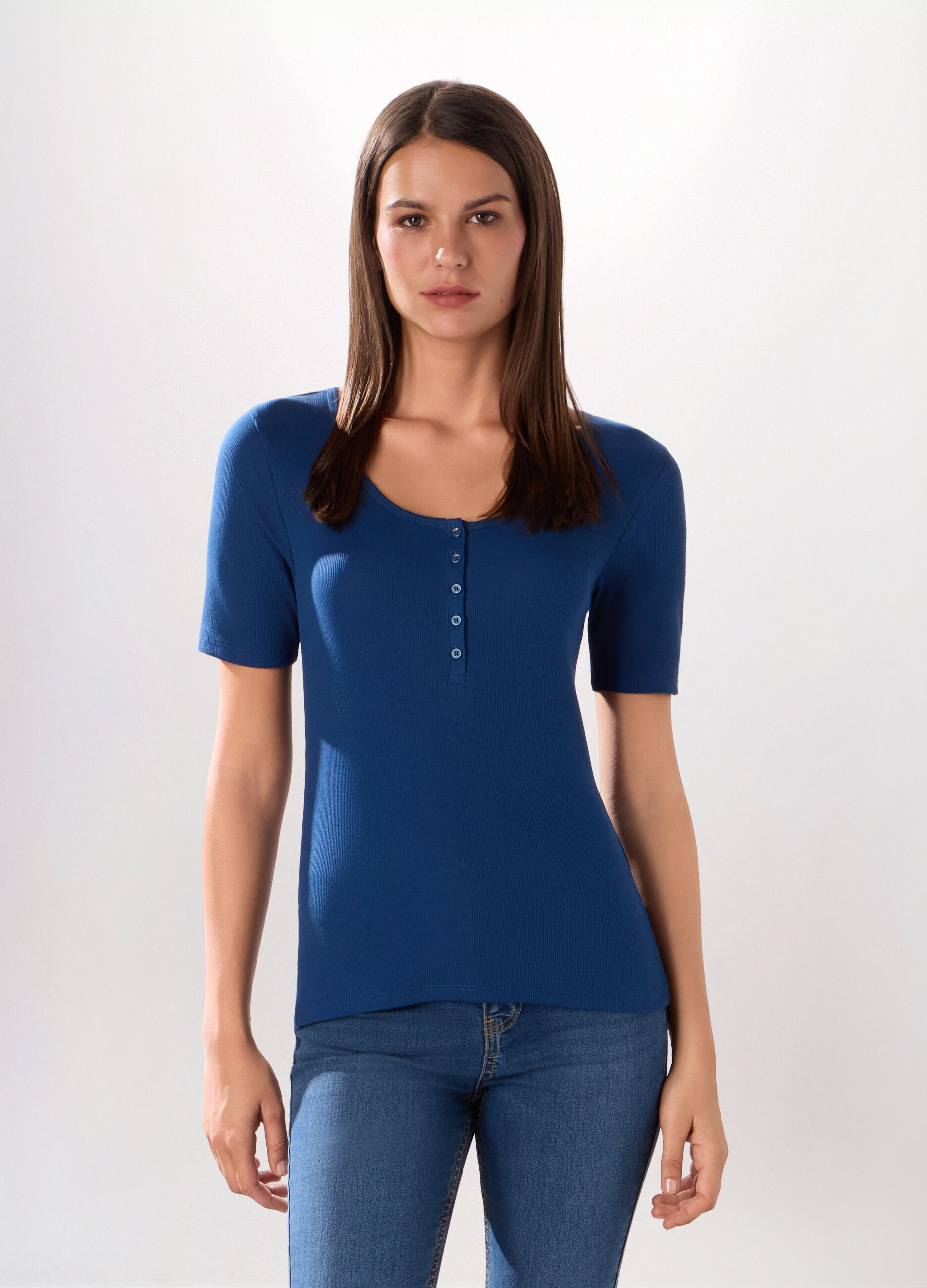 T-shirt in costina di cotone stretch donna_0