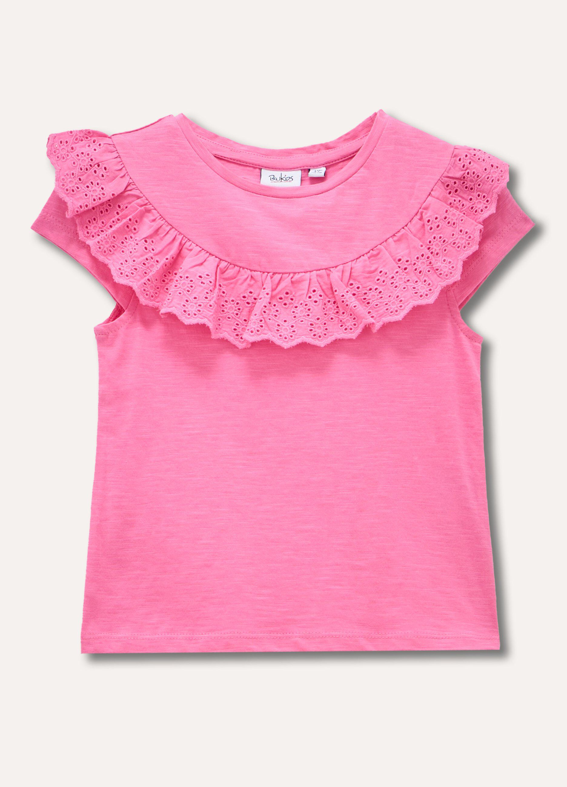 T-shirt in puro cotone con rouches in sangallo bambina_0