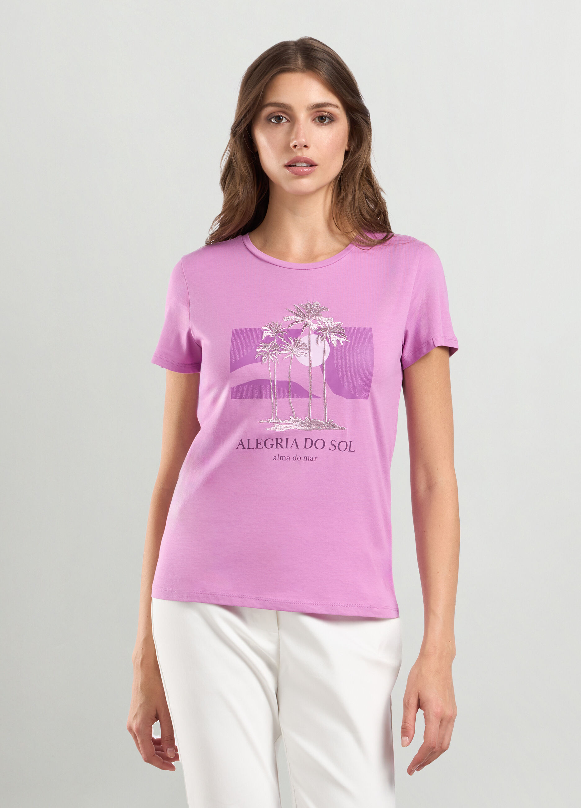 T-shirt in jersey di puro cotone con ricamo donna_0