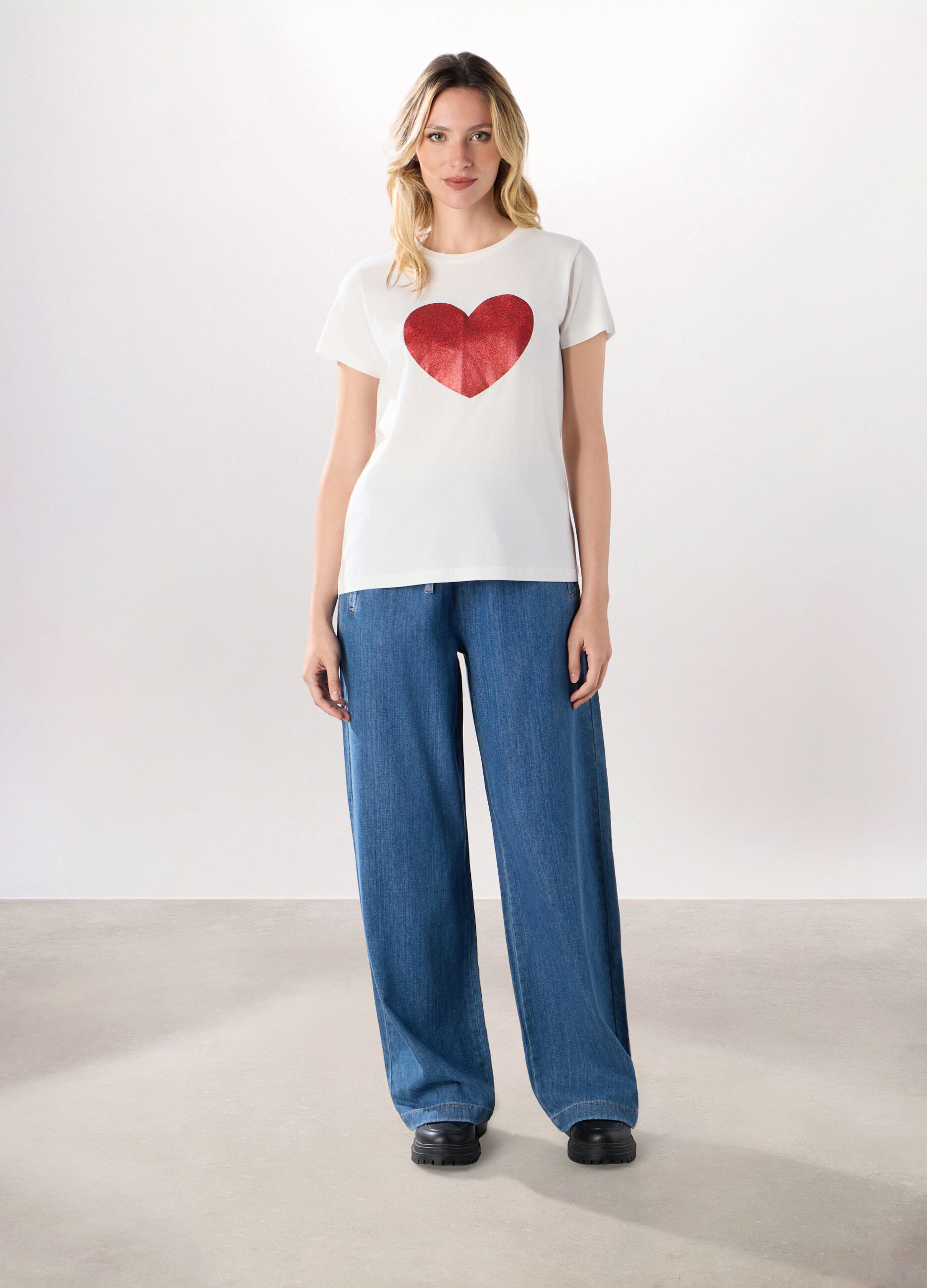 Pantaloni wide leg in denim di puro cotone donna_0