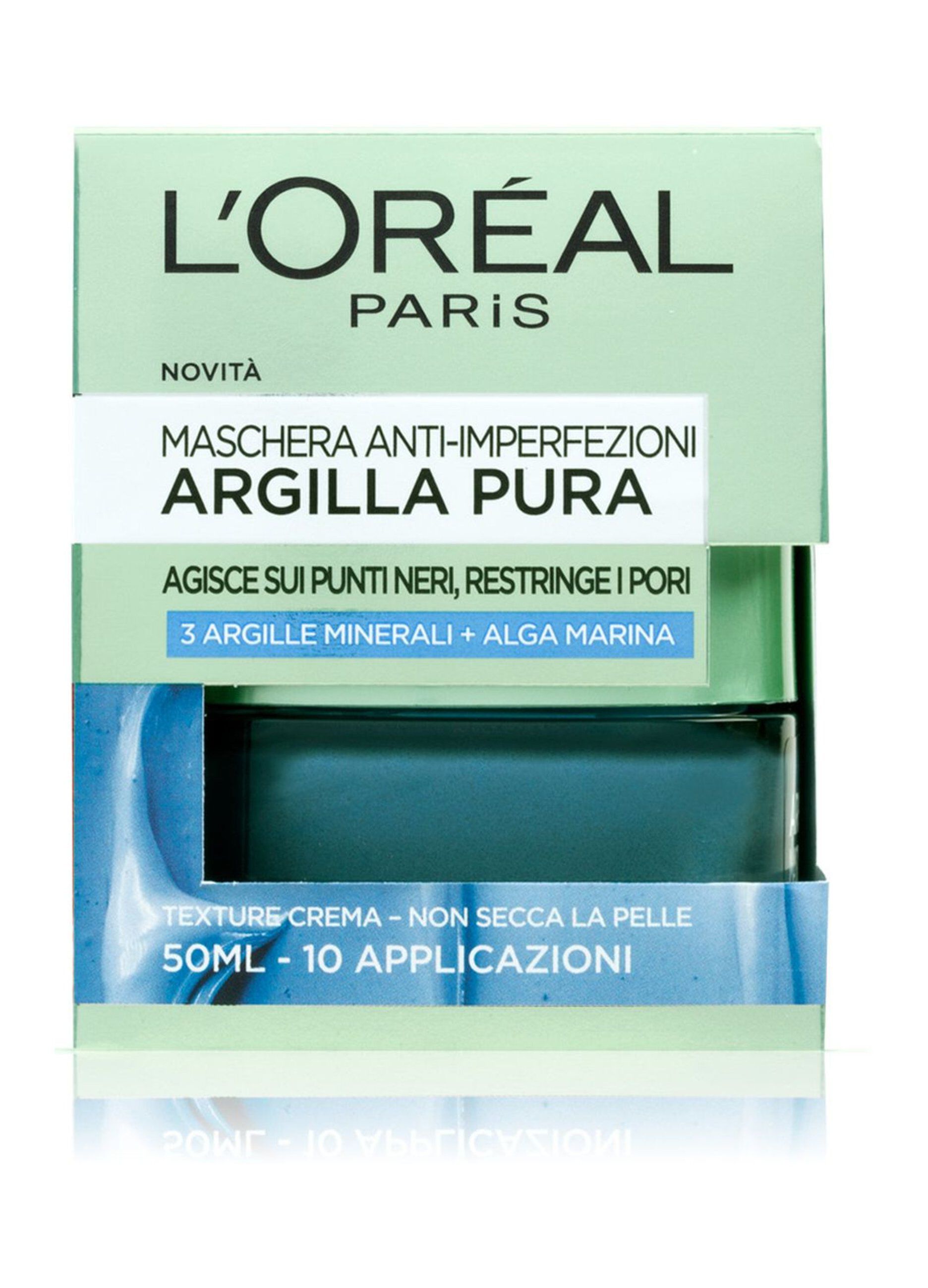 L'Oréal Paris Maschera per il Viso Argilla Pura, Azione Anti-Imperfezioni, Agisce sui Punti Neri e Ristringe Pori, con Alga Marina e 3 Argille Minerali, 50 ml.