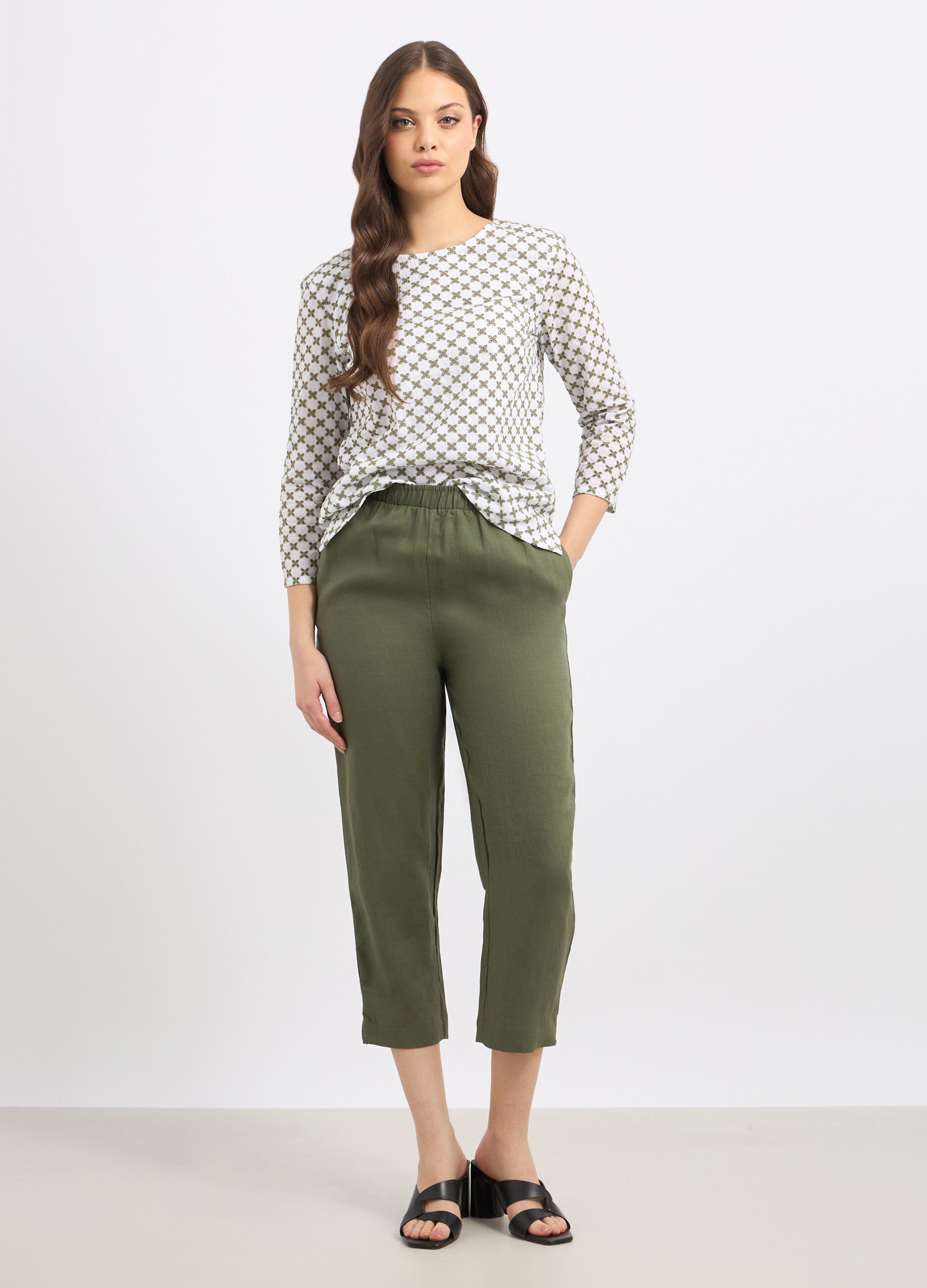Pantaloni cropped in puro lino donna_0