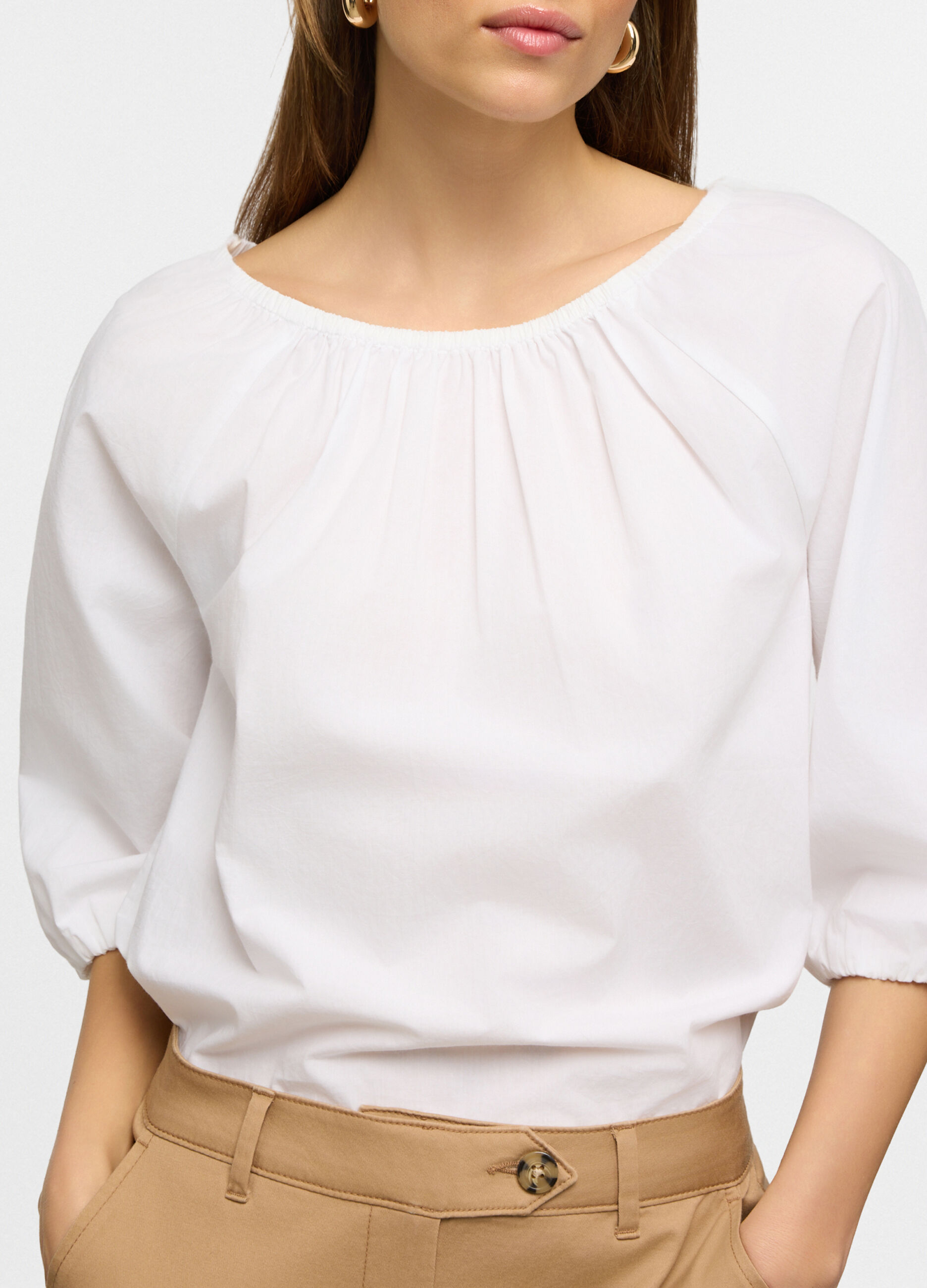 Camicia fit regular con collo rotondo arricciato in puro cotone popeline donna_2