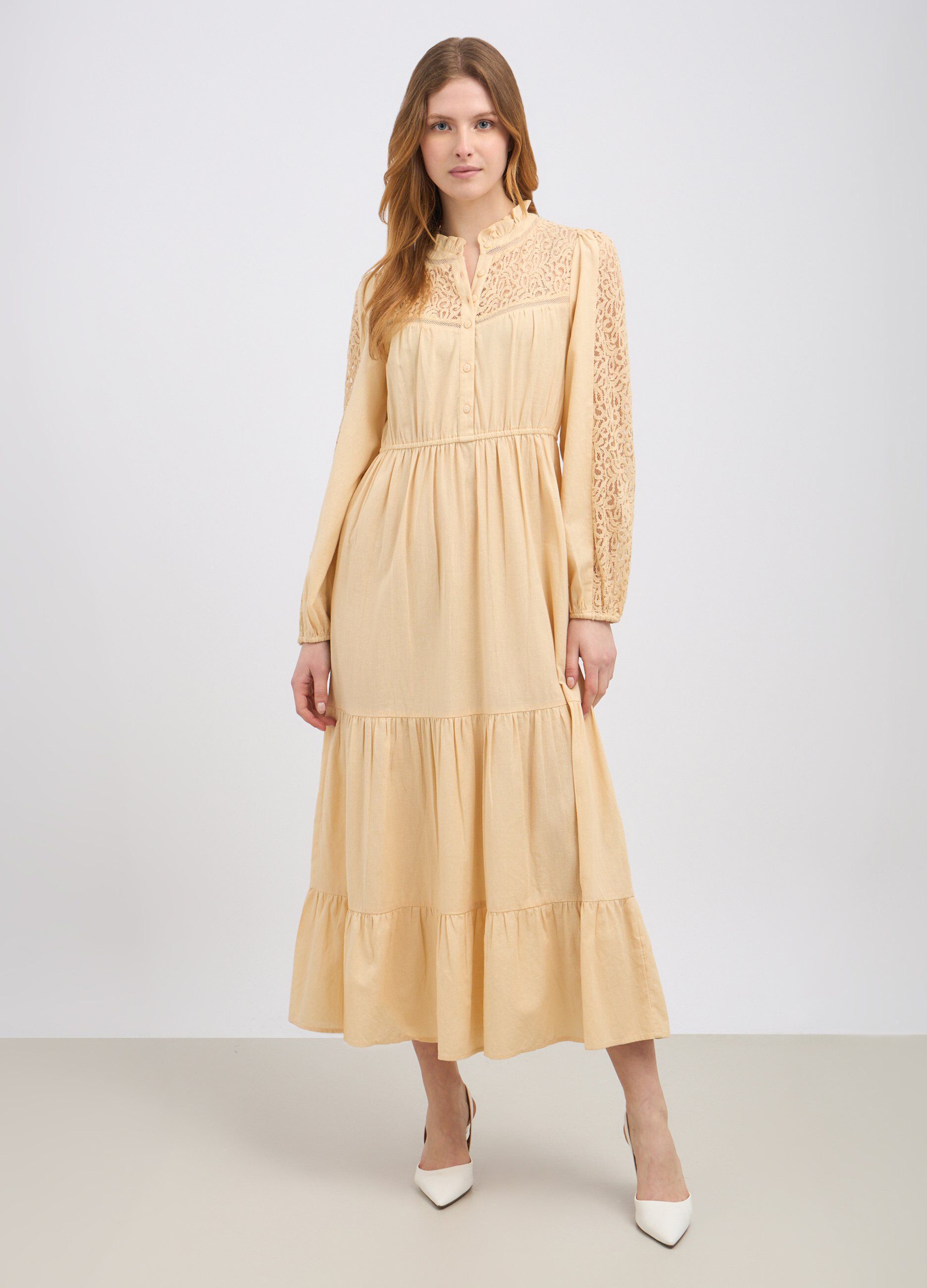 Abito lungo a balze in misto lino donna_0