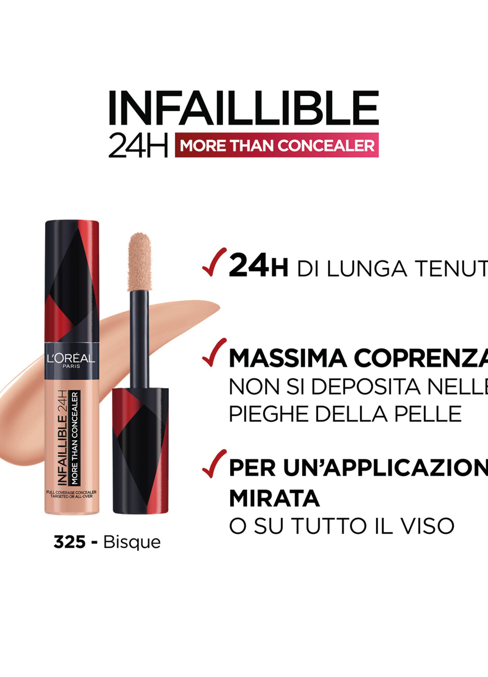 L'Oréal Paris Infaillible 24h More Than Concealer, Correttore liquido a lunga tenuta, 325 Bisque.